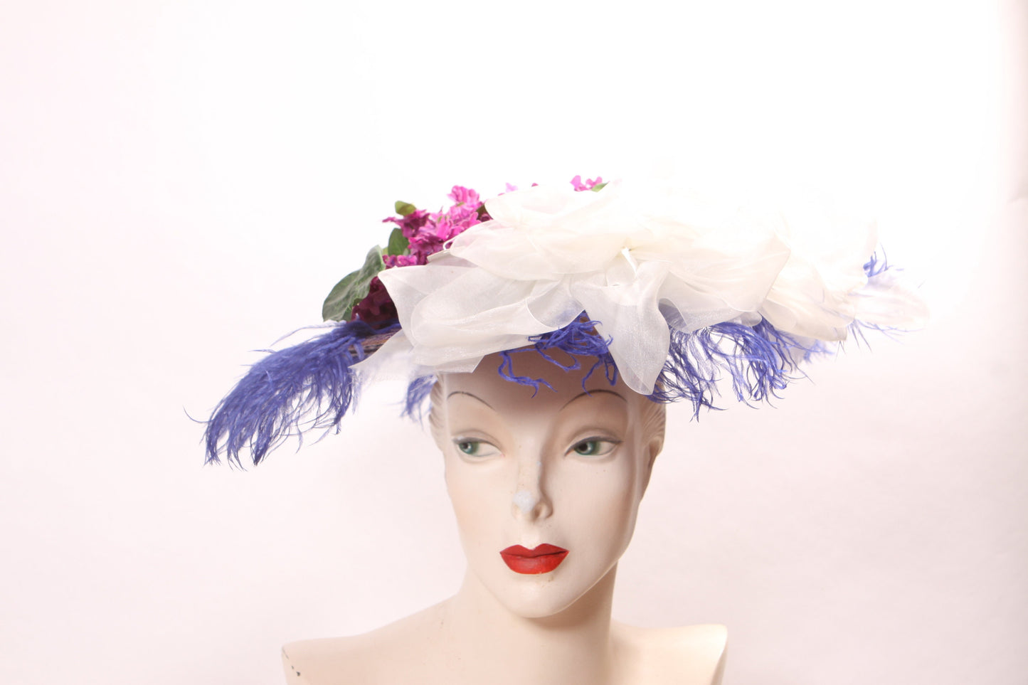 1980s Does Edwardian Victorian Style Wide Brim Purple Straw Hat with Blue Feather and Faux Flowers Floral Hat