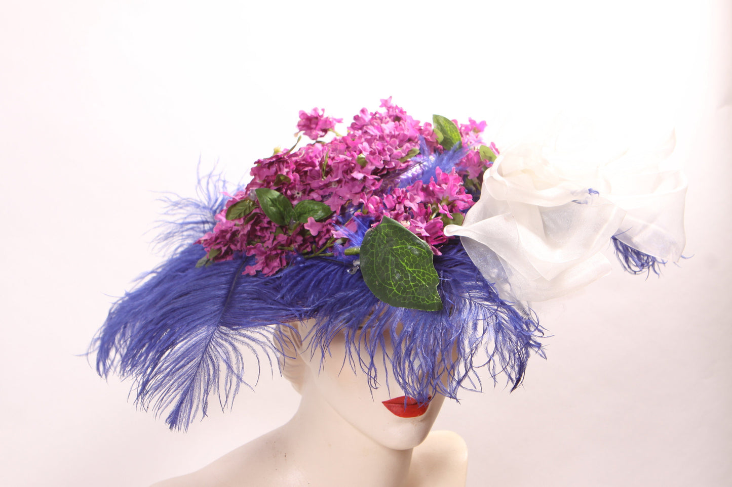 1980s Does Edwardian Victorian Style Wide Brim Purple Straw Hat with Blue Feather and Faux Flowers Floral Hat