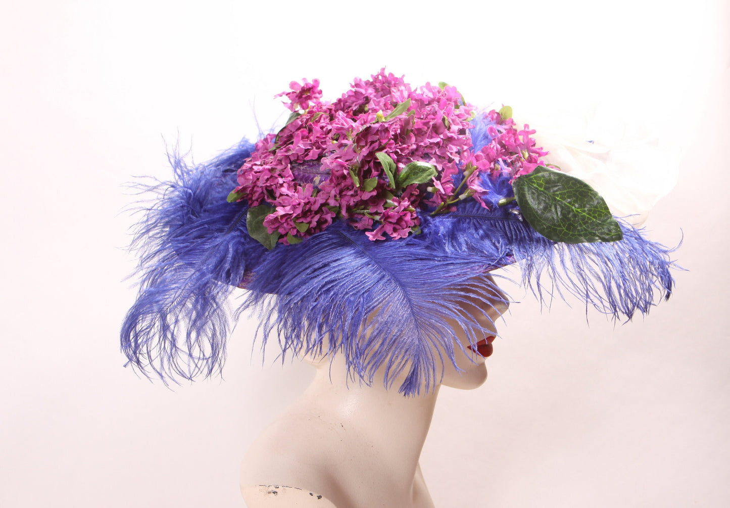 1980s Does Edwardian Victorian Style Wide Brim Purple Straw Hat with Blue Feather and Faux Flowers Floral Hat