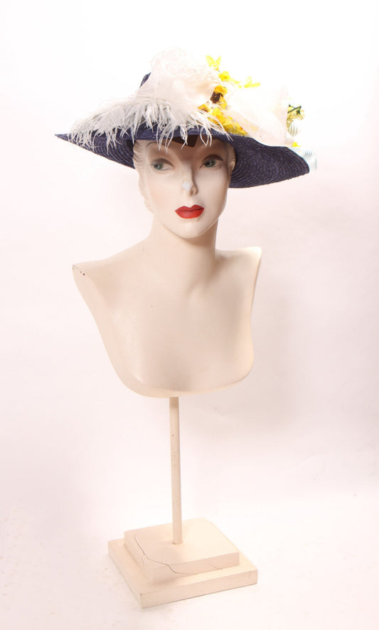 1980s Does Edwardian Victorian Style Gibson Girl Navy Blue Wide Brim Floral Flower and Feather Hat