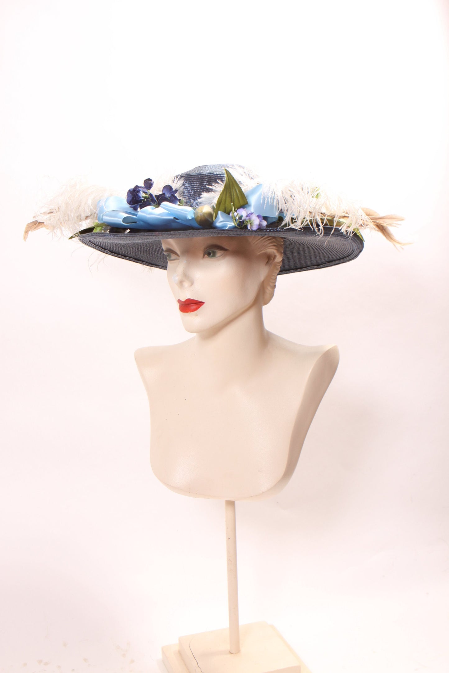 1980s Does Edwardian Gibson Girl Style Wide Brim Blue Floral and Feathered Hat