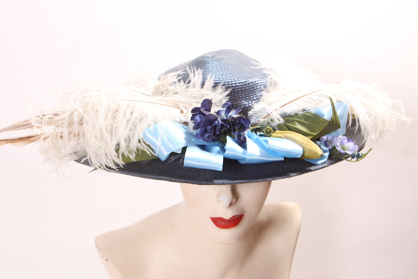 1980s Does Edwardian Gibson Girl Style Wide Brim Blue Floral and Feathered Hat