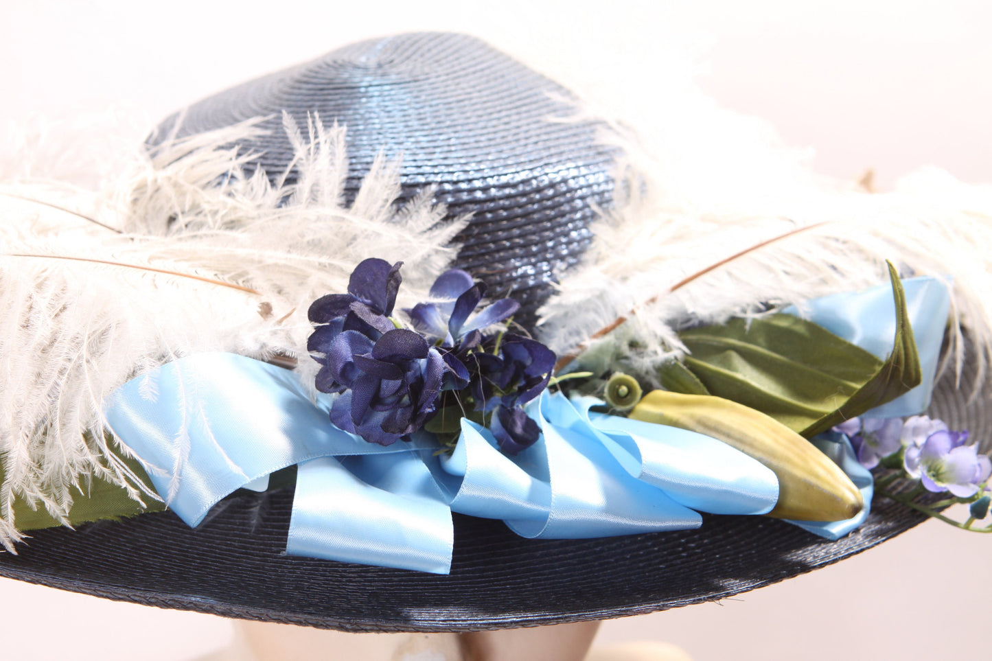 1980s Does Edwardian Gibson Girl Style Wide Brim Blue Floral and Feathered Hat