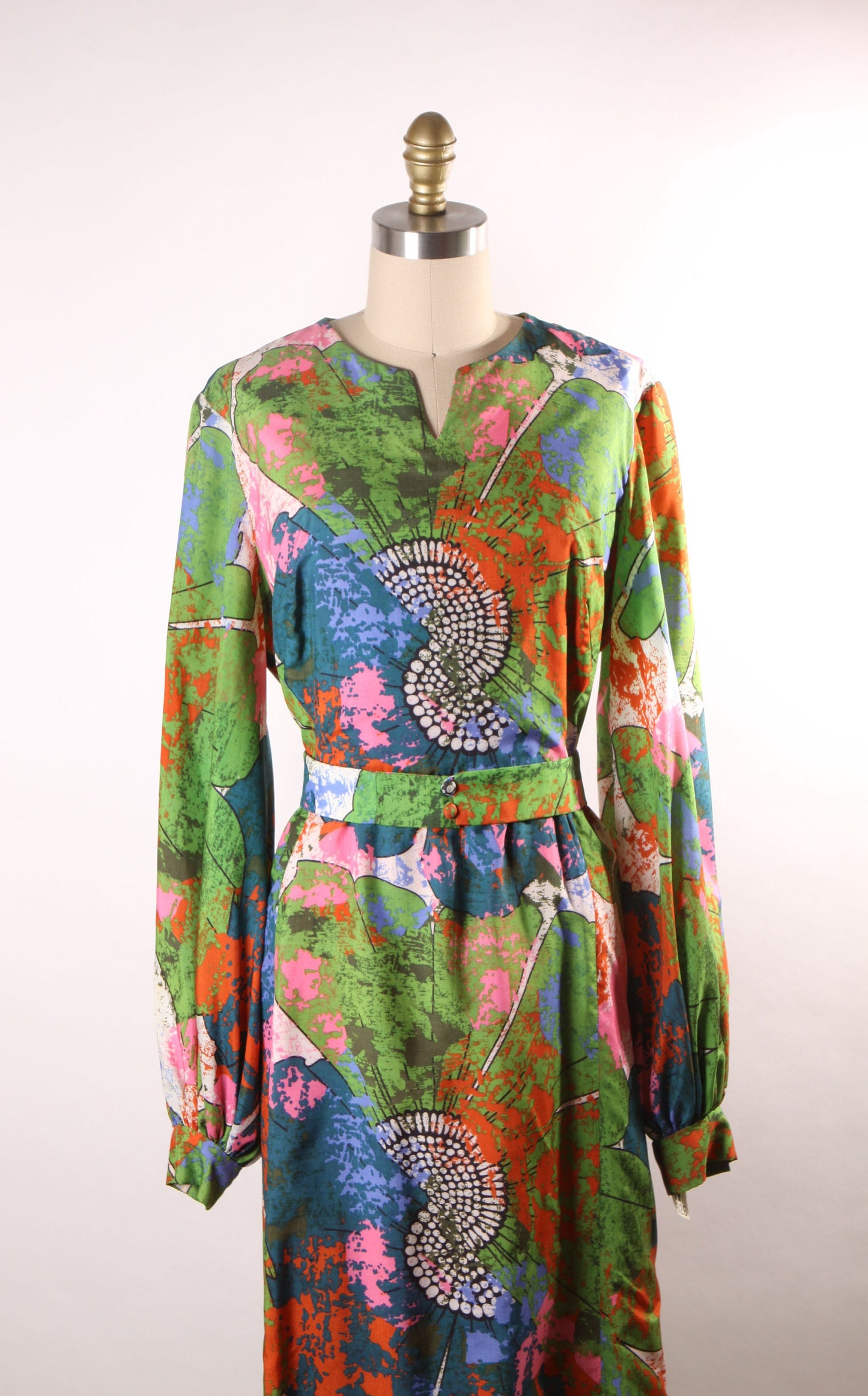 1960s Green, Pink, Black and White Abstract Long Sleeve Full Length Psychedelic Dress -XL