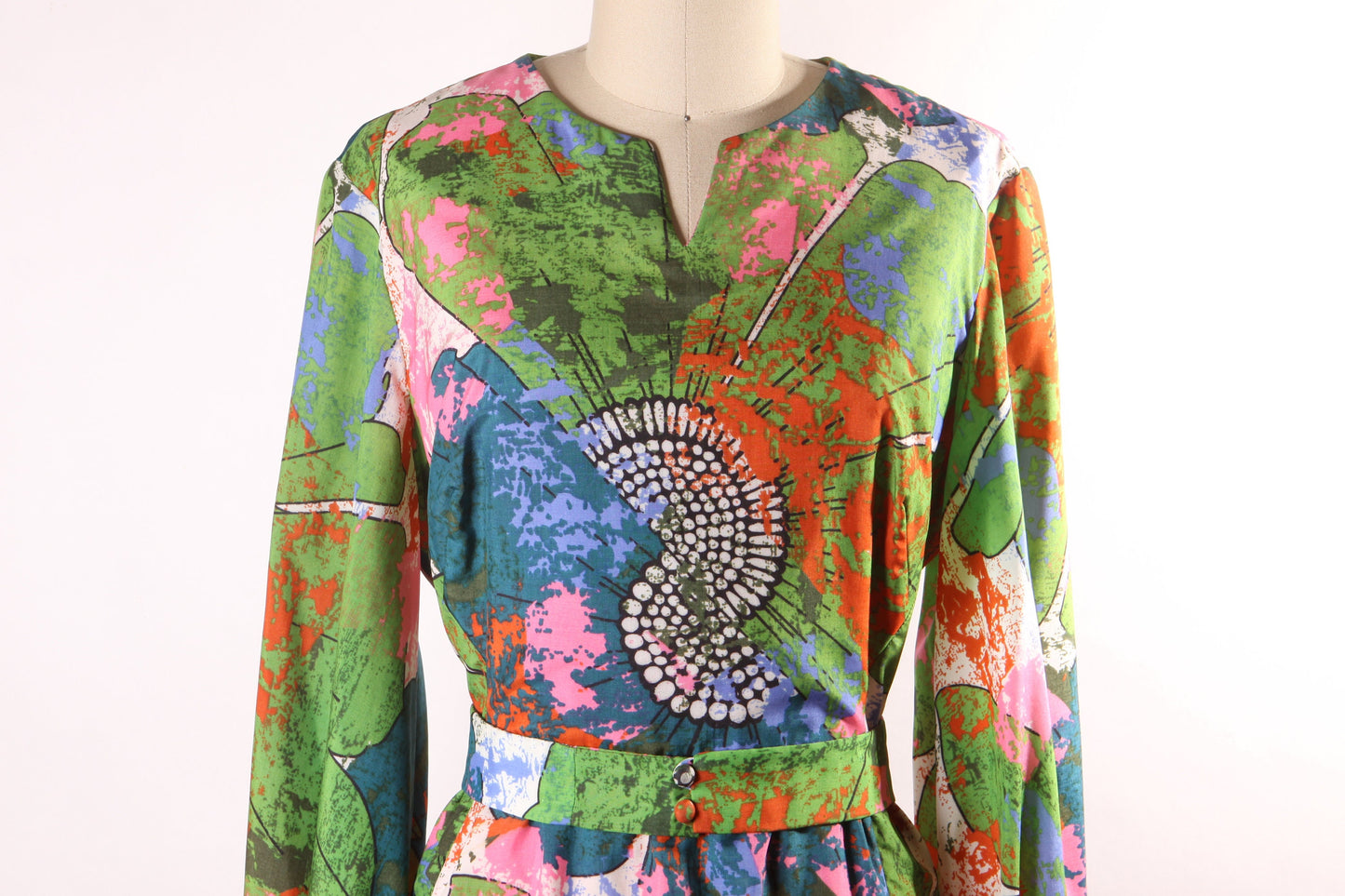 1960s Green, Pink, Black and White Abstract Long Sleeve Full Length Psychedelic Dress -XL