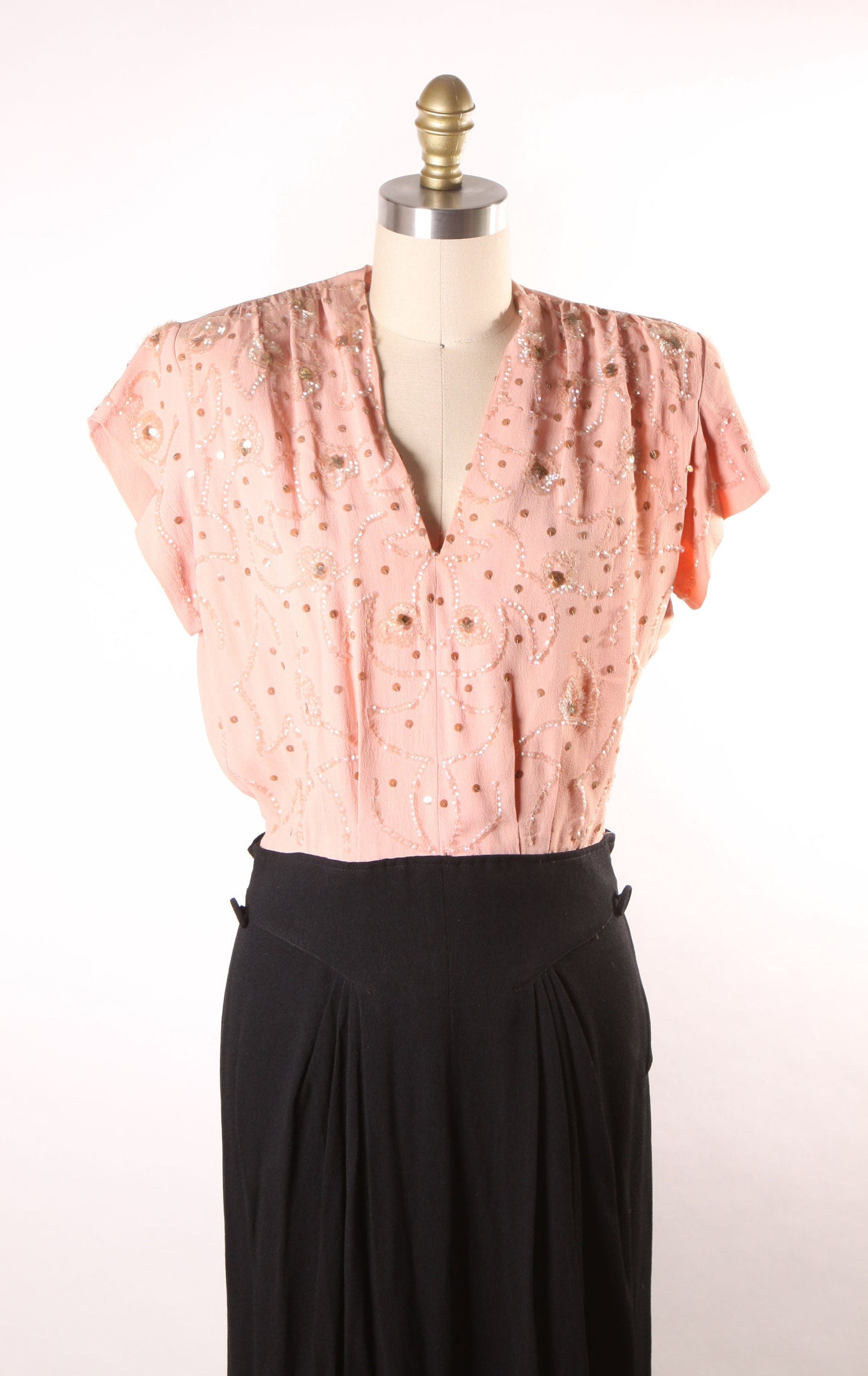 1940s Pink and Black Sequin Detail Short Sleeve Dress -L