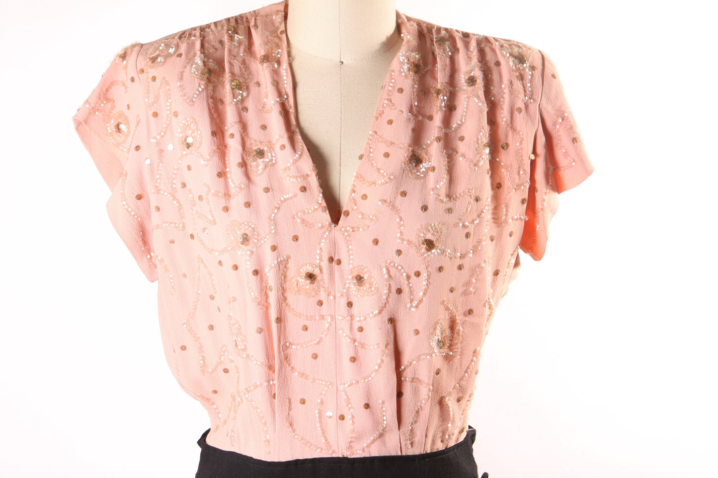 1940s Pink and Black Sequin Detail Short Sleeve Dress -L