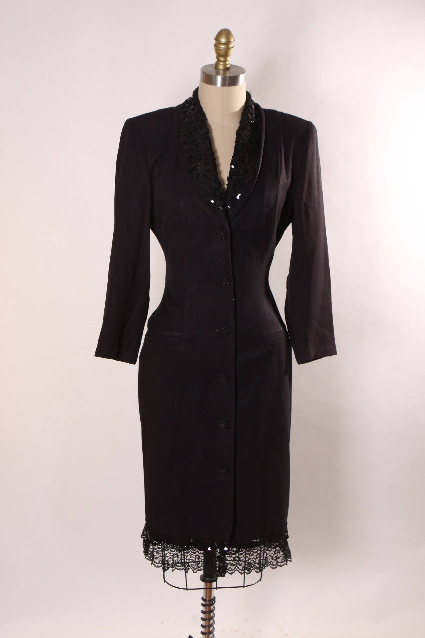 1980s Black Long Sleeve Corporate Goth Dominatrix Button Up Office Dress by Lois Snyder Dani Maxx -XS