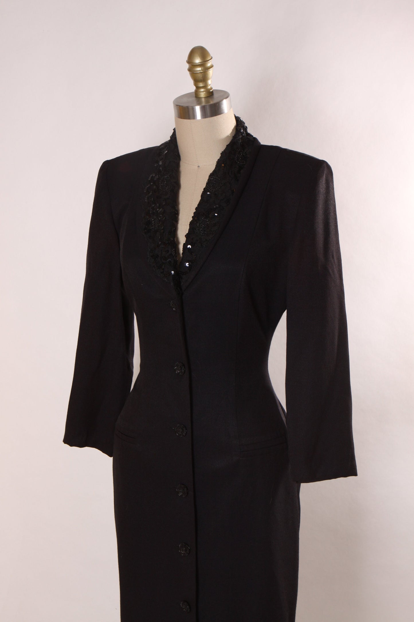 1980s Black Long Sleeve Corporate Goth Dominatrix Button Up Office Dress by Lois Snyder Dani Maxx -XS