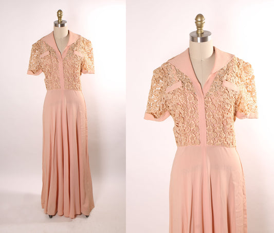 1940s Light Pink Sheer Lace Floral Bodice Short Sleeve Full Length Dress -L