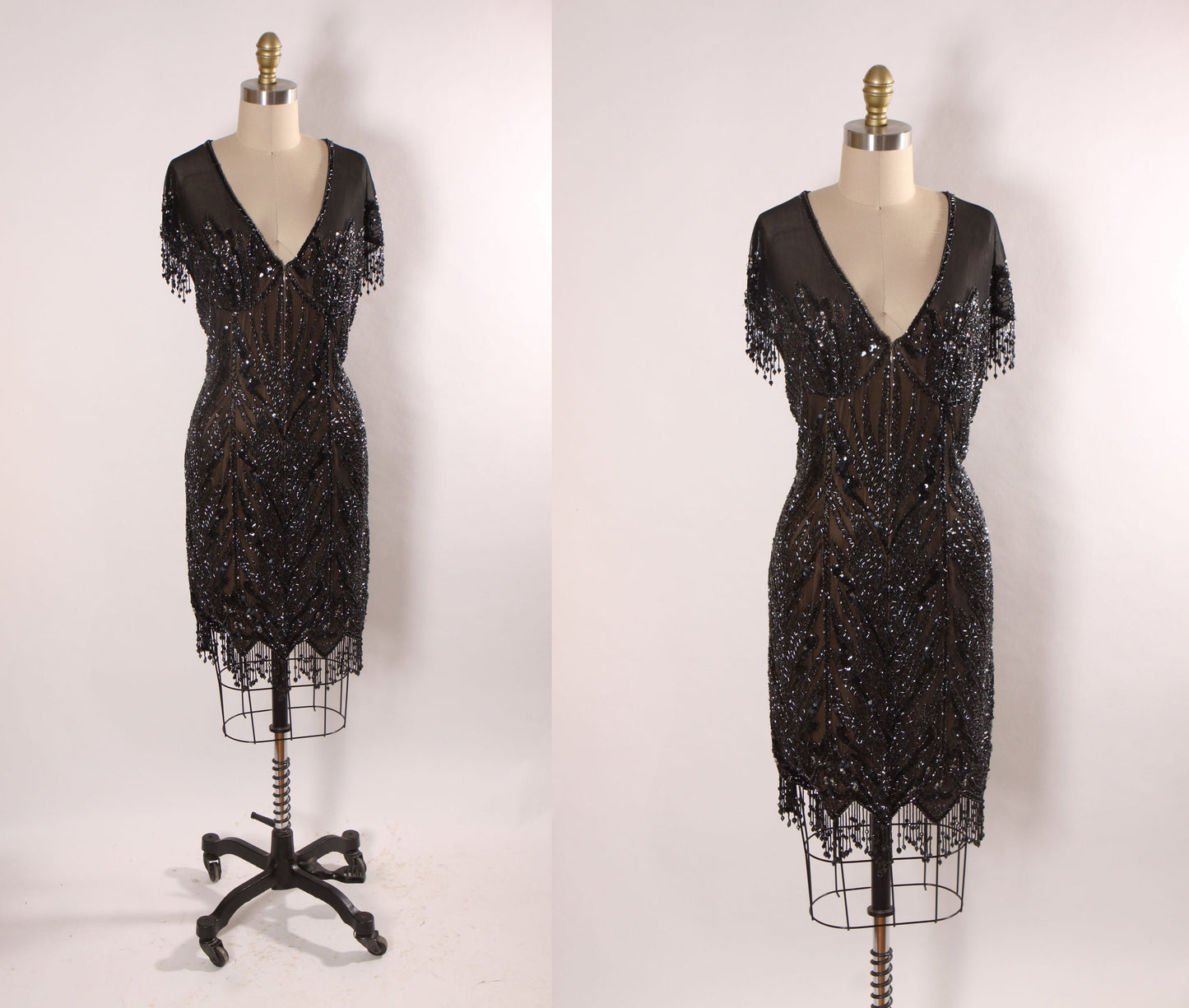 Late 1980s Early 1990s Black Sequin and Beaded Fringe Short Sleeve Flapper Style Sheer Nude Illusion Dress by Peak Evenings -M