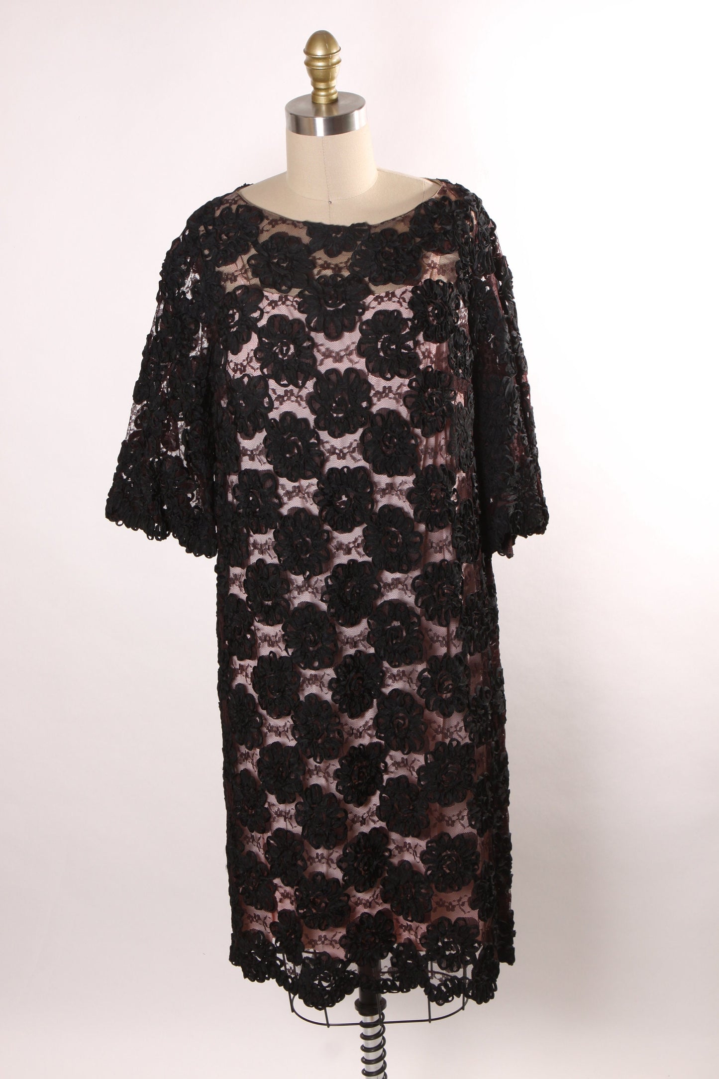 1960s Sheer Black Floral Lace Overlay 3/4 Length Sleeve Dress with Two Custom Slips in Pink and Black with Built in Bras Three Piece Set -L