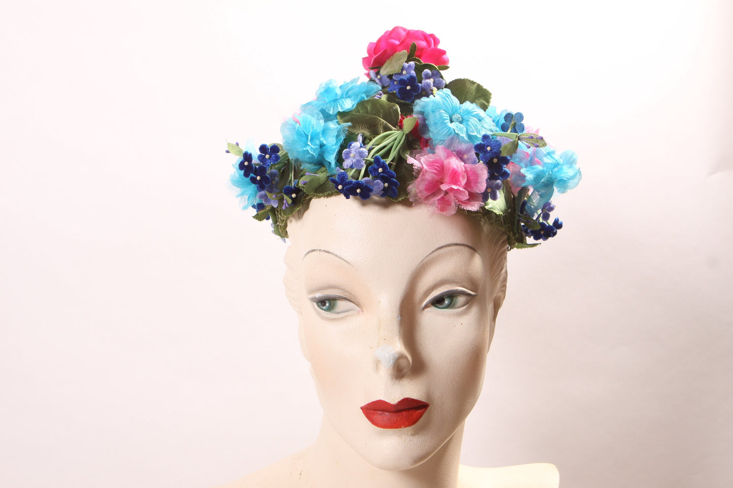 1950s 1960s Multi-Colored Bright Blue, Pink and Purple Floral Faux Flower Covered Formal Hat by Montaldo’s