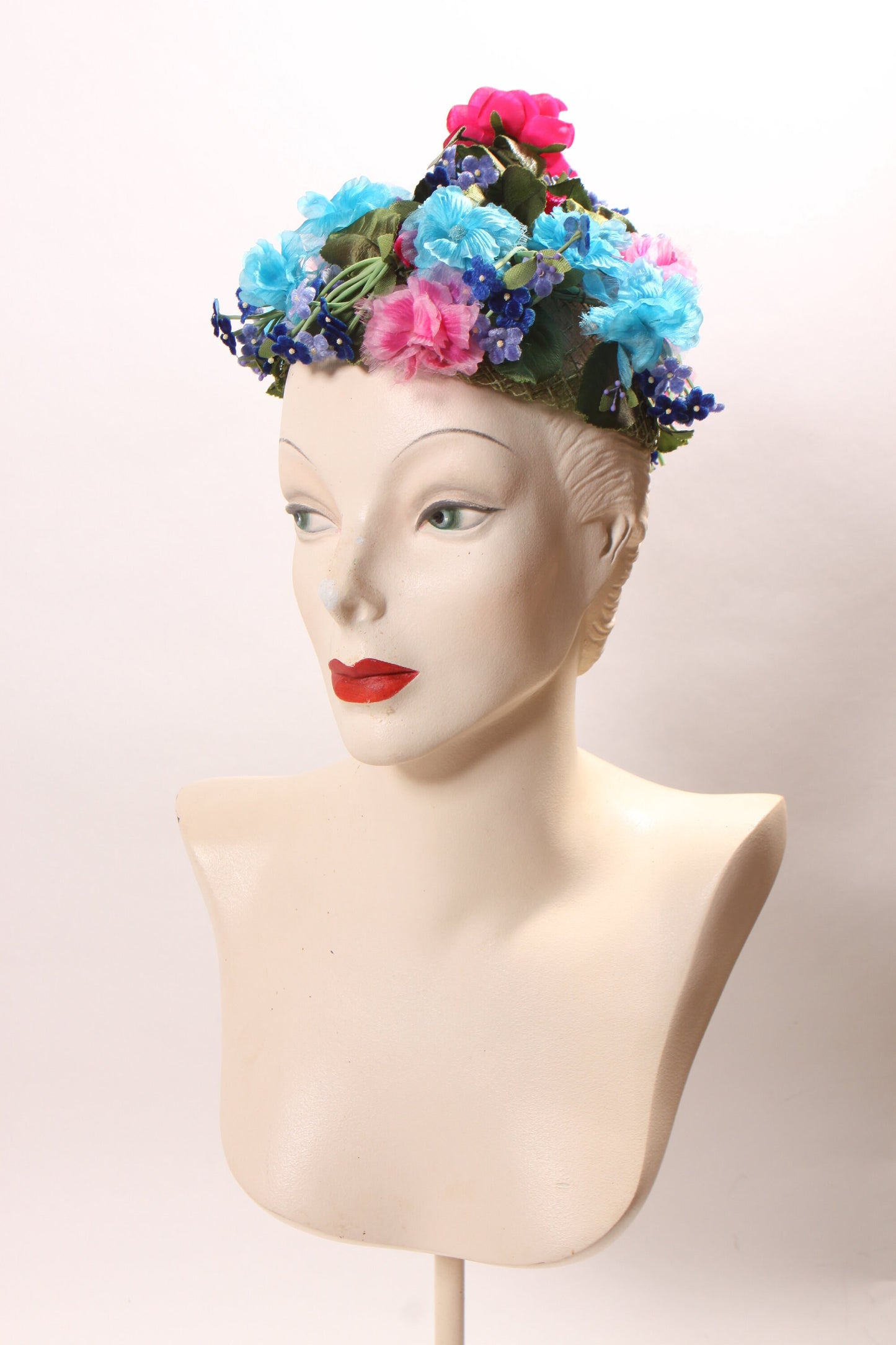 1950s 1960s Multi-Colored Bright Blue, Pink and Purple Floral Faux Flower Covered Formal Hat by Montaldo’s