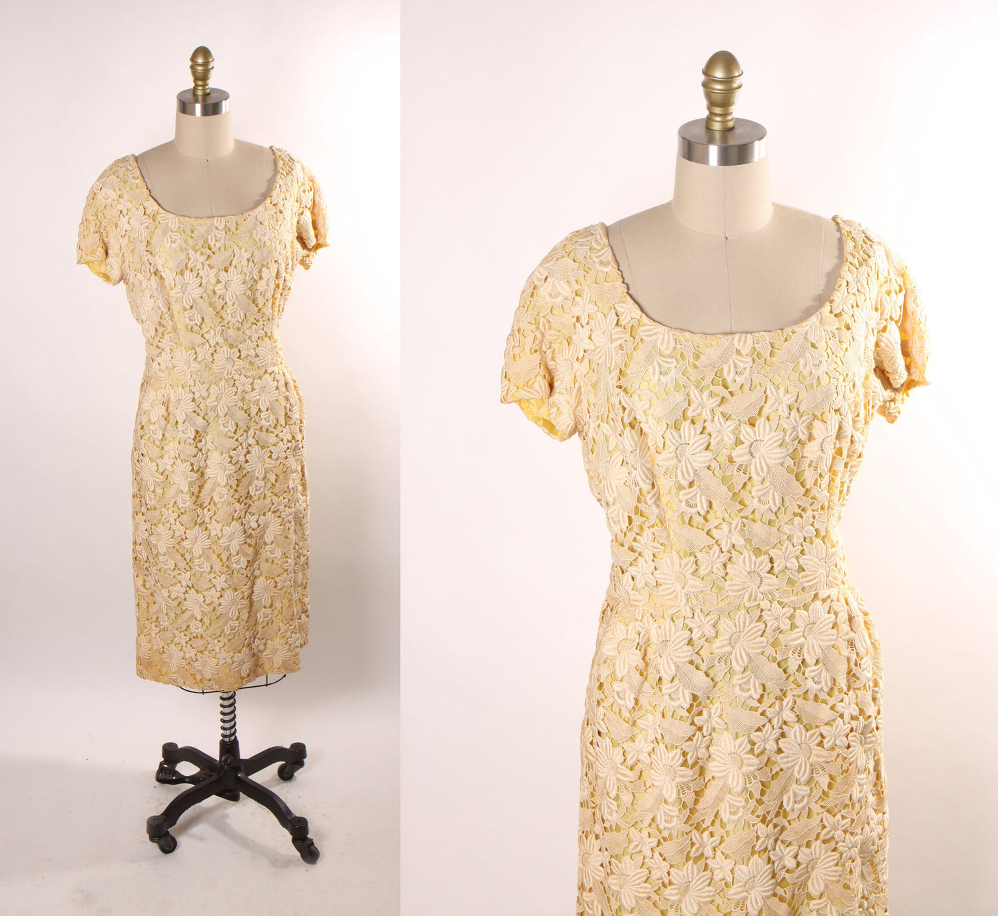 Late 1950s Early 1960s Pale Yellow Sheer Floral Lace Short Sleeve Dress by Montaldo's -L