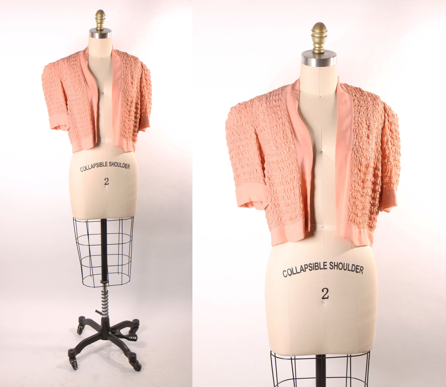 1940s Light Pink Ruched Bodice Open Front Short Sleeve Cropped Jacket -L