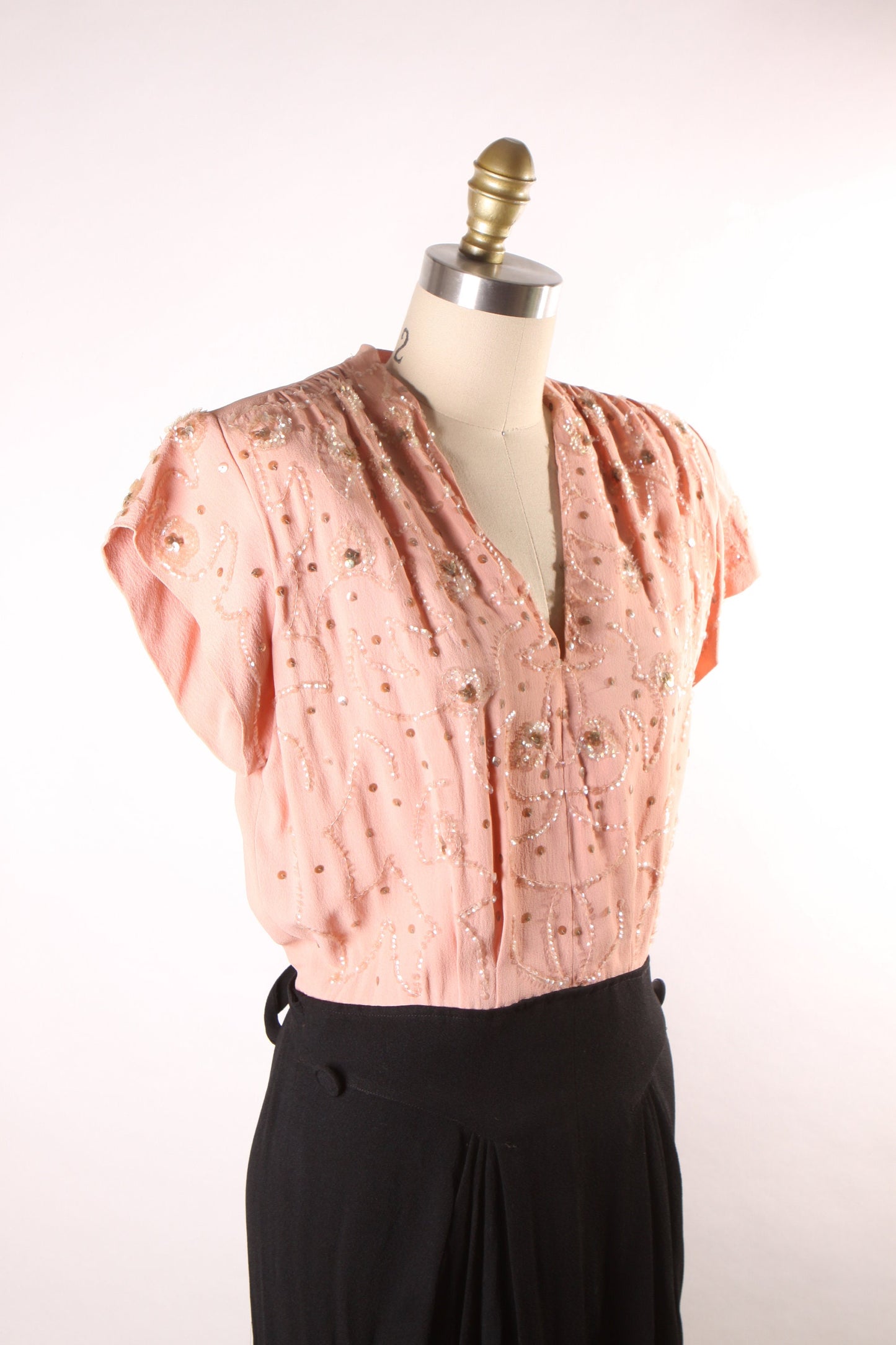 1940s Pink and Black Sequin Detail Short Sleeve Dress -L