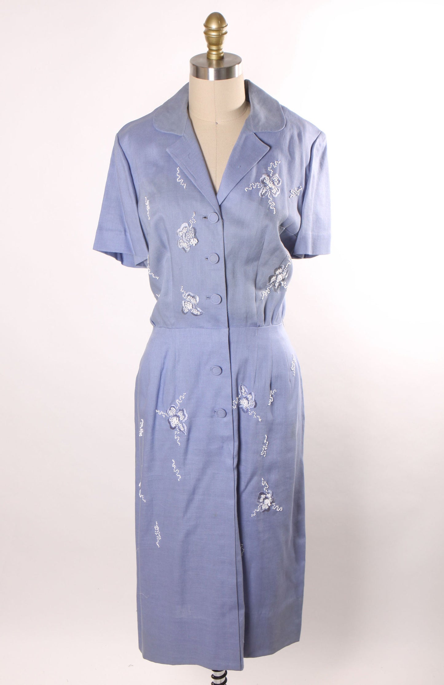 1940s Light Blue Short Sleeve Floral Beaded Dress -L