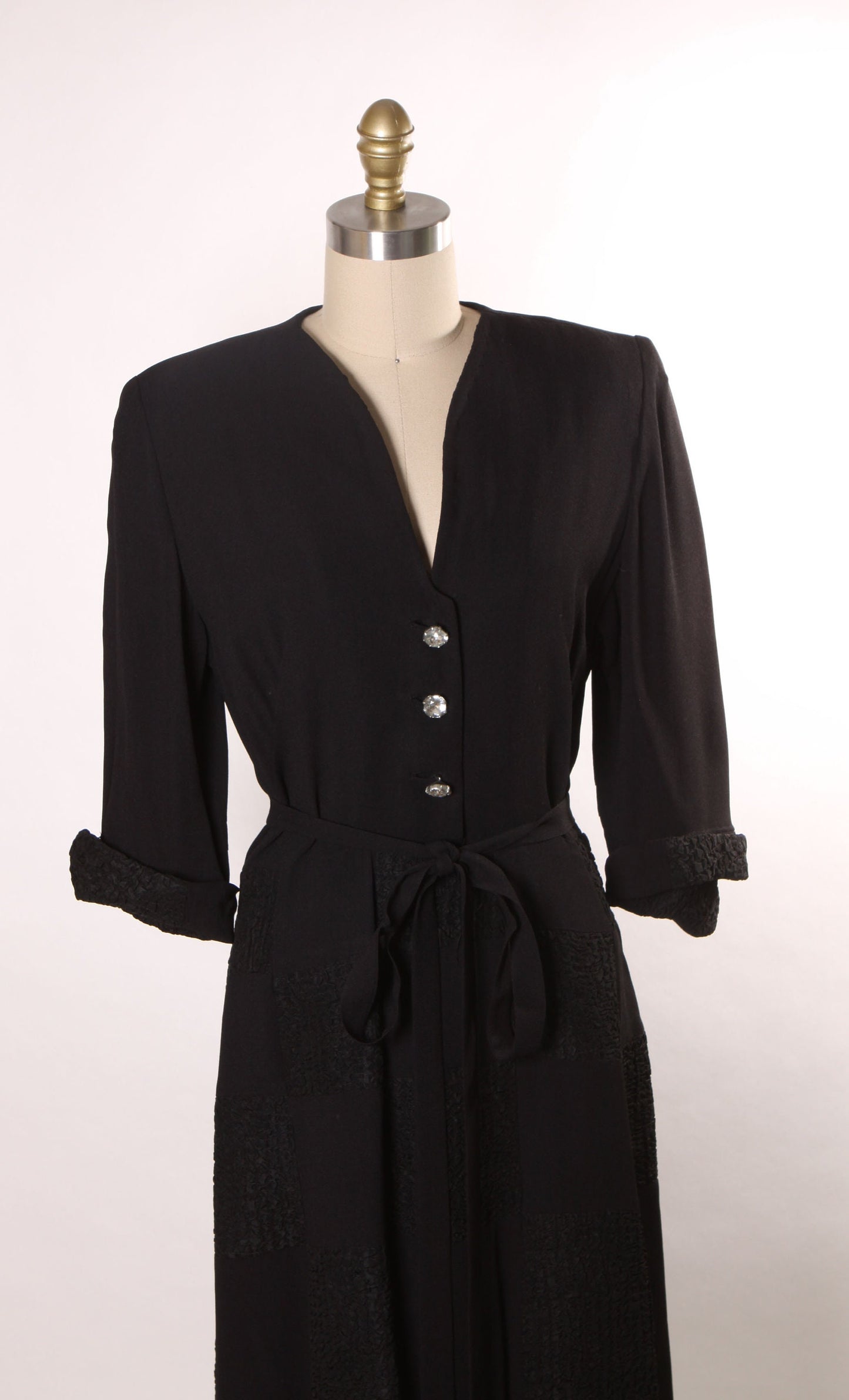 1940s 3/4 Length Sleeve Black Checker Style Rhinestone Button Dress -M