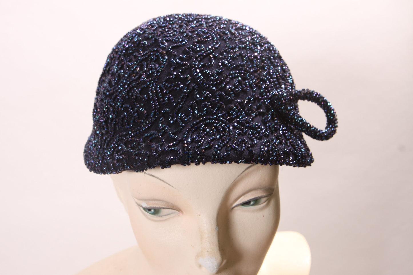 1950s 1960s Blue with Purple Cloche Bead Covered Formal Hat by Best & Co.