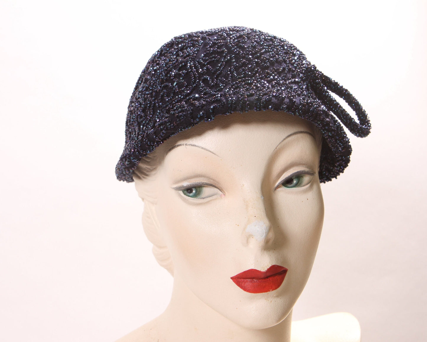 1950s 1960s Blue with Purple Cloche Bead Covered Formal Hat by Best & Co.