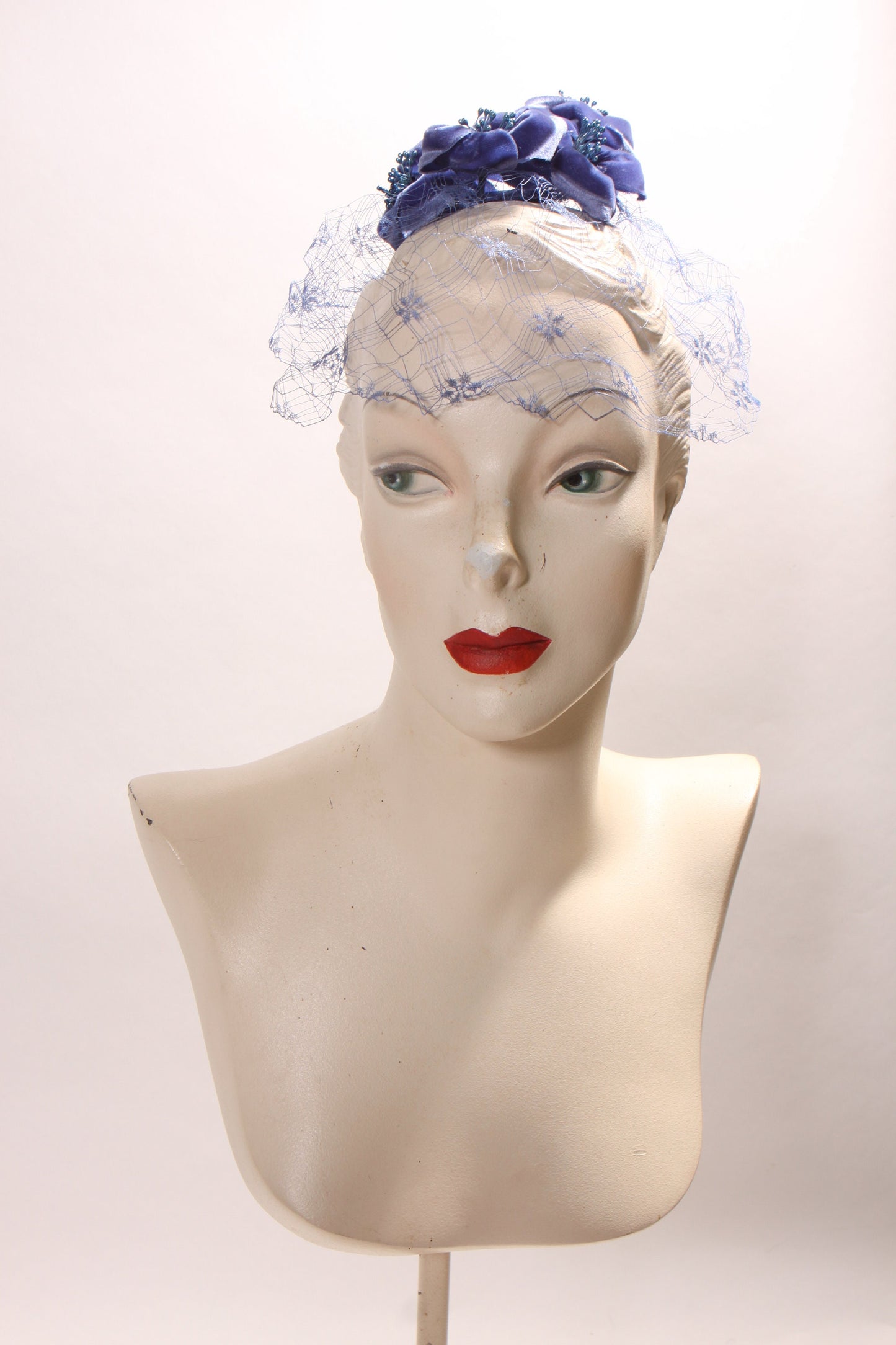 1950s Blue Purple Velvet Floral Veil Fascinator Hat Hair Piece