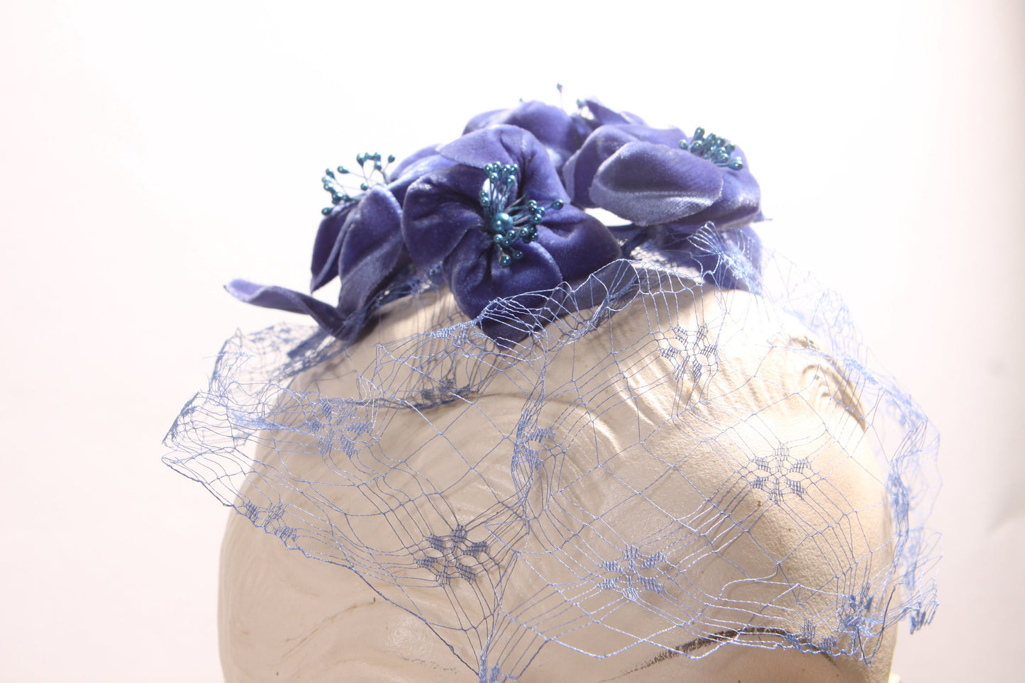 1950s Blue Purple Velvet Floral Veil Fascinator Hat Hair Piece