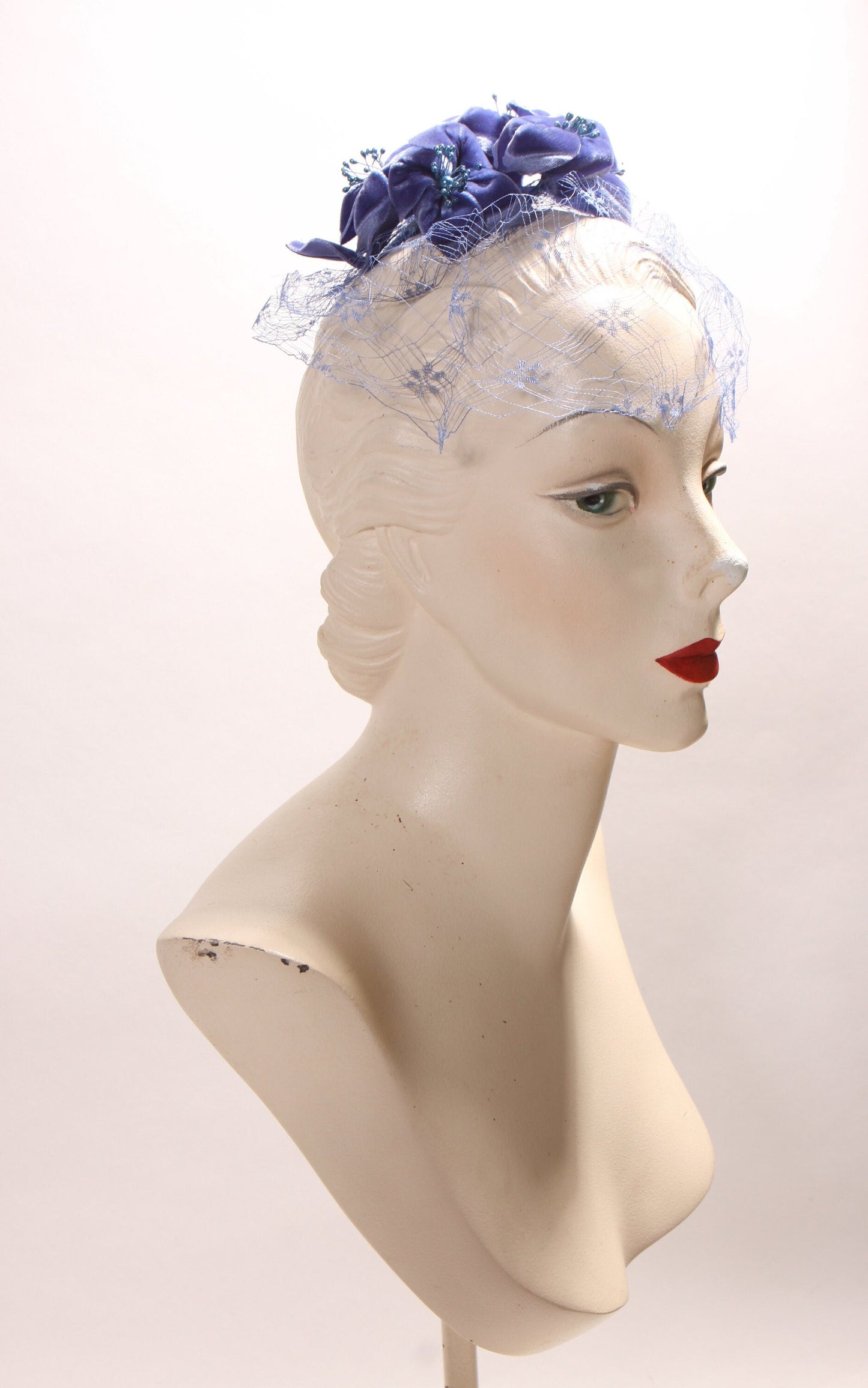 1950s Blue Purple Velvet Floral Veil Fascinator Hat Hair Piece