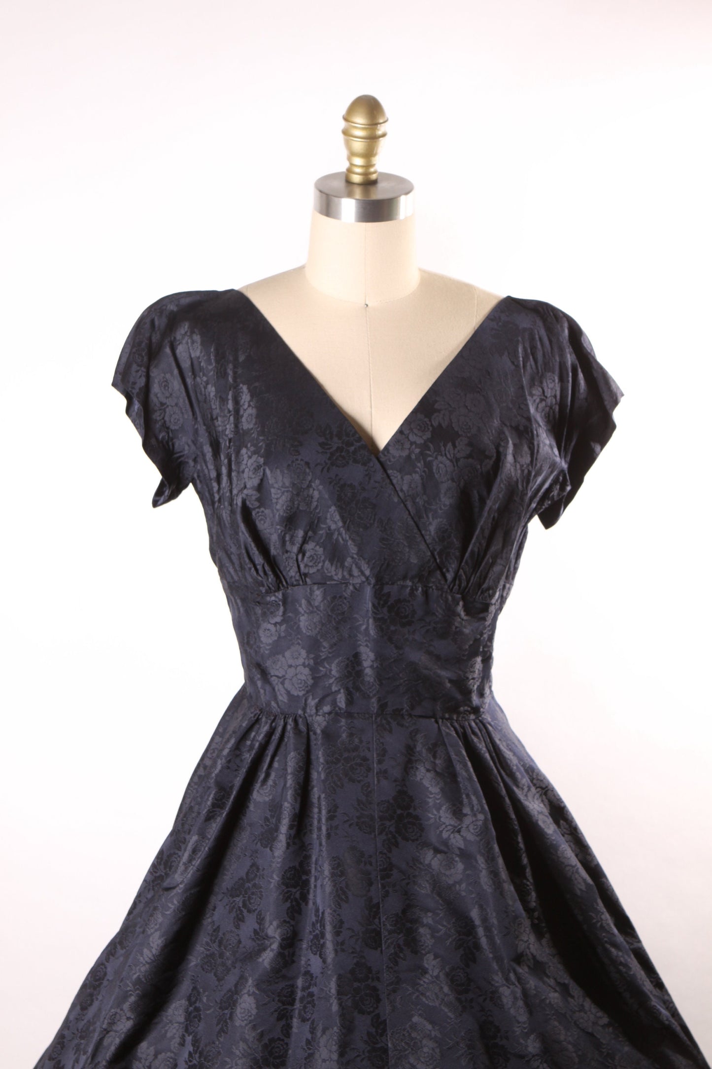 1950s Dark Navy Blue Floral Brocade Short Sleeve Fit and Flare Dress with Matching Beaded 3/4 Length Sleeve Jacket -M