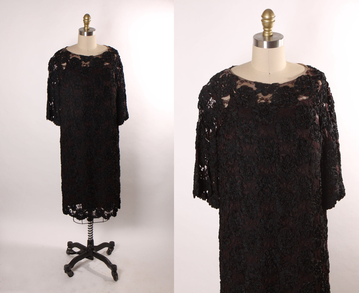 1960s Sheer Black Floral Lace Overlay 3/4 Length Sleeve Dress with Two Custom Slips in Pink and Black with Built in Bras Three Piece Set -L