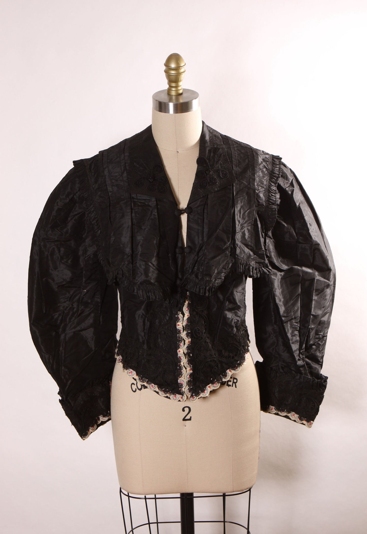 Antique 1800s Black Long Sleeve Lace Trim Mourning Blouse -M