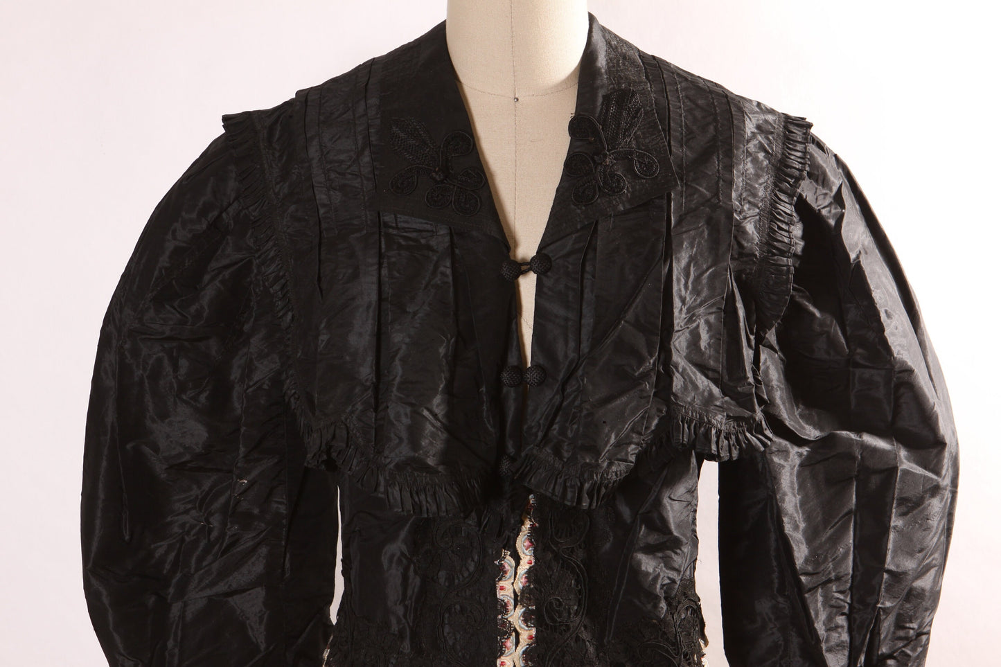 Antique 1800s Black Long Sleeve Lace Trim Mourning Blouse -M