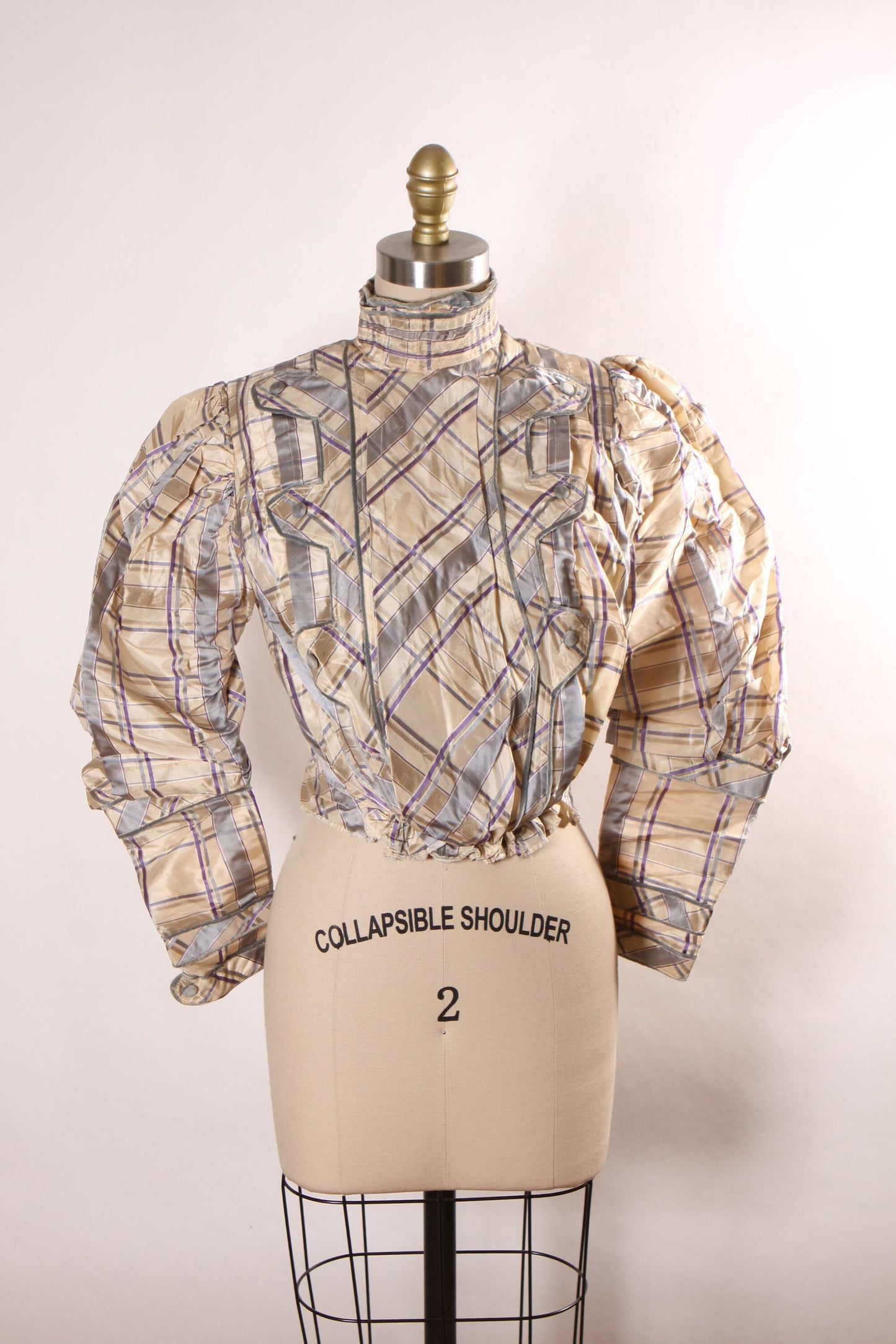 Antique 1800s Victorian Beige Tan and Blue Gray Plaid Tartan Mutton Long Sleeve Blouse -XS