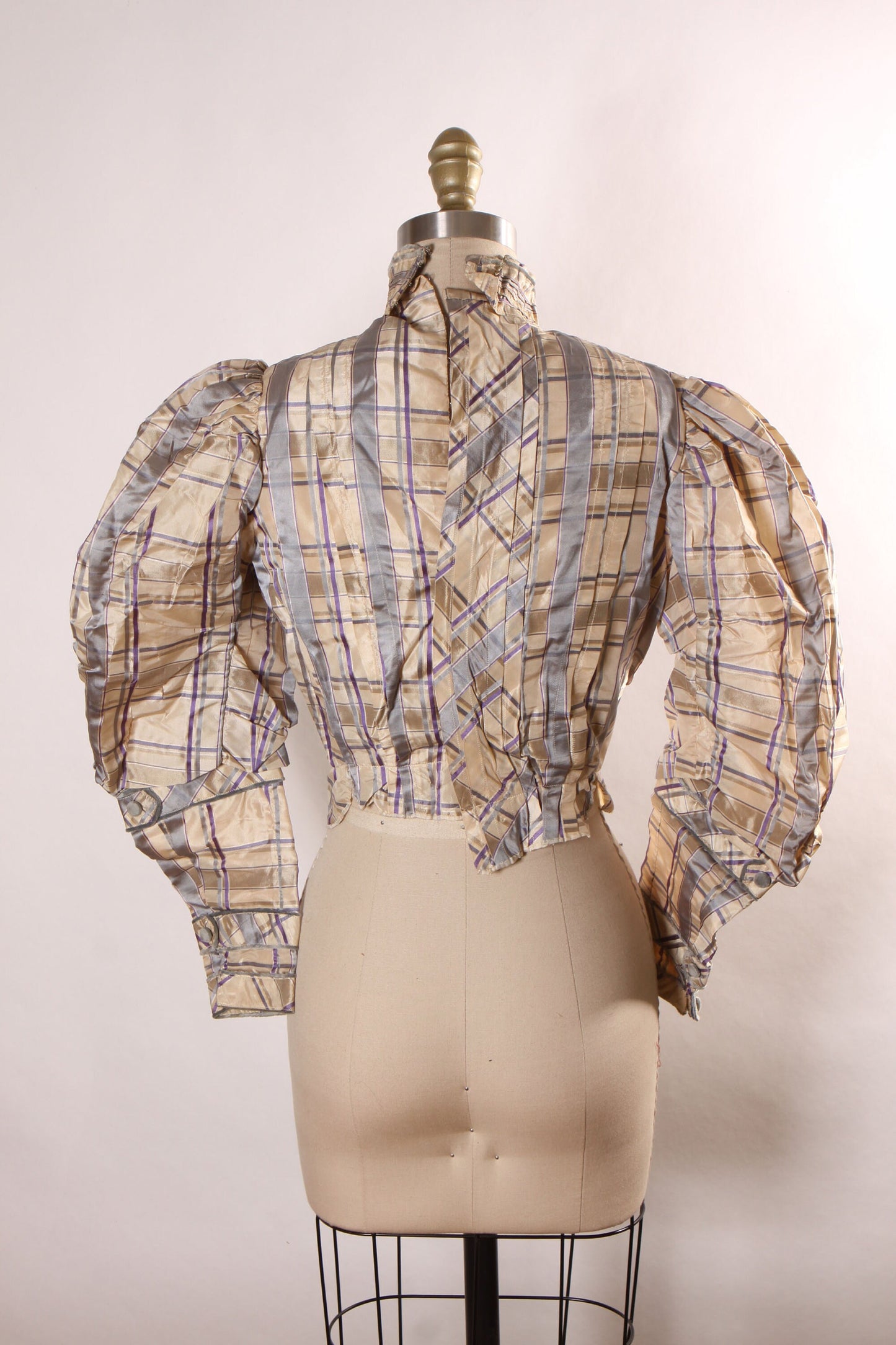 Antique 1800s Victorian Beige Tan and Blue Gray Plaid Tartan Mutton Long Sleeve Blouse -XS