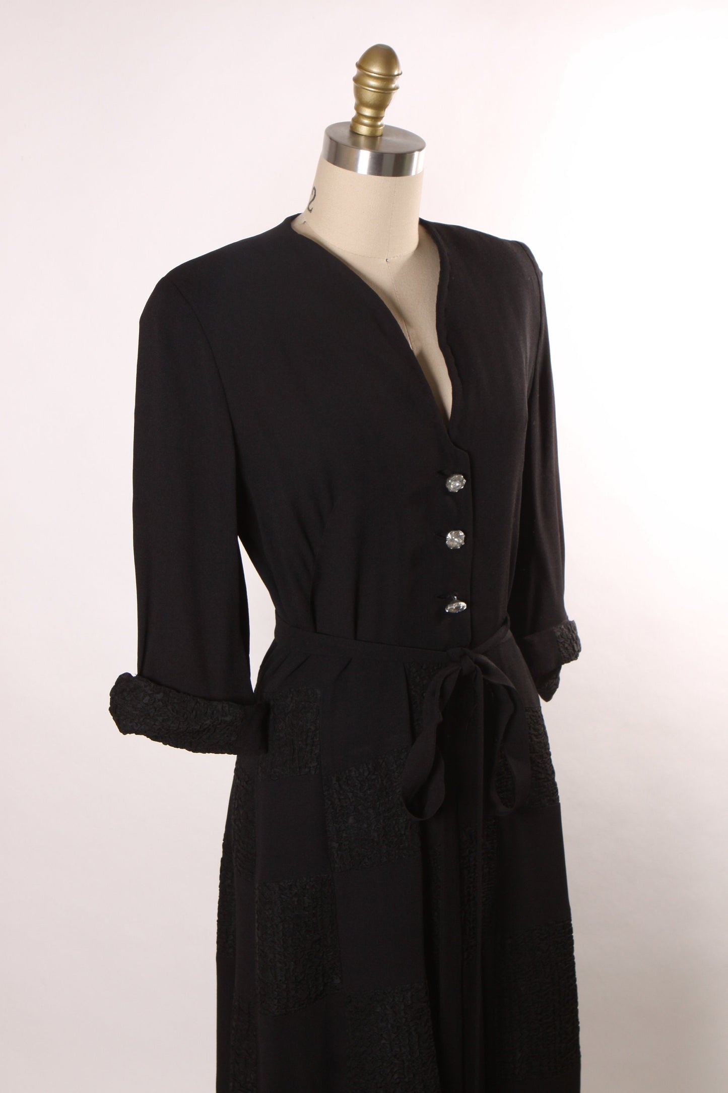 1940s 3/4 Length Sleeve Black Checker Style Rhinestone Button Dress -M