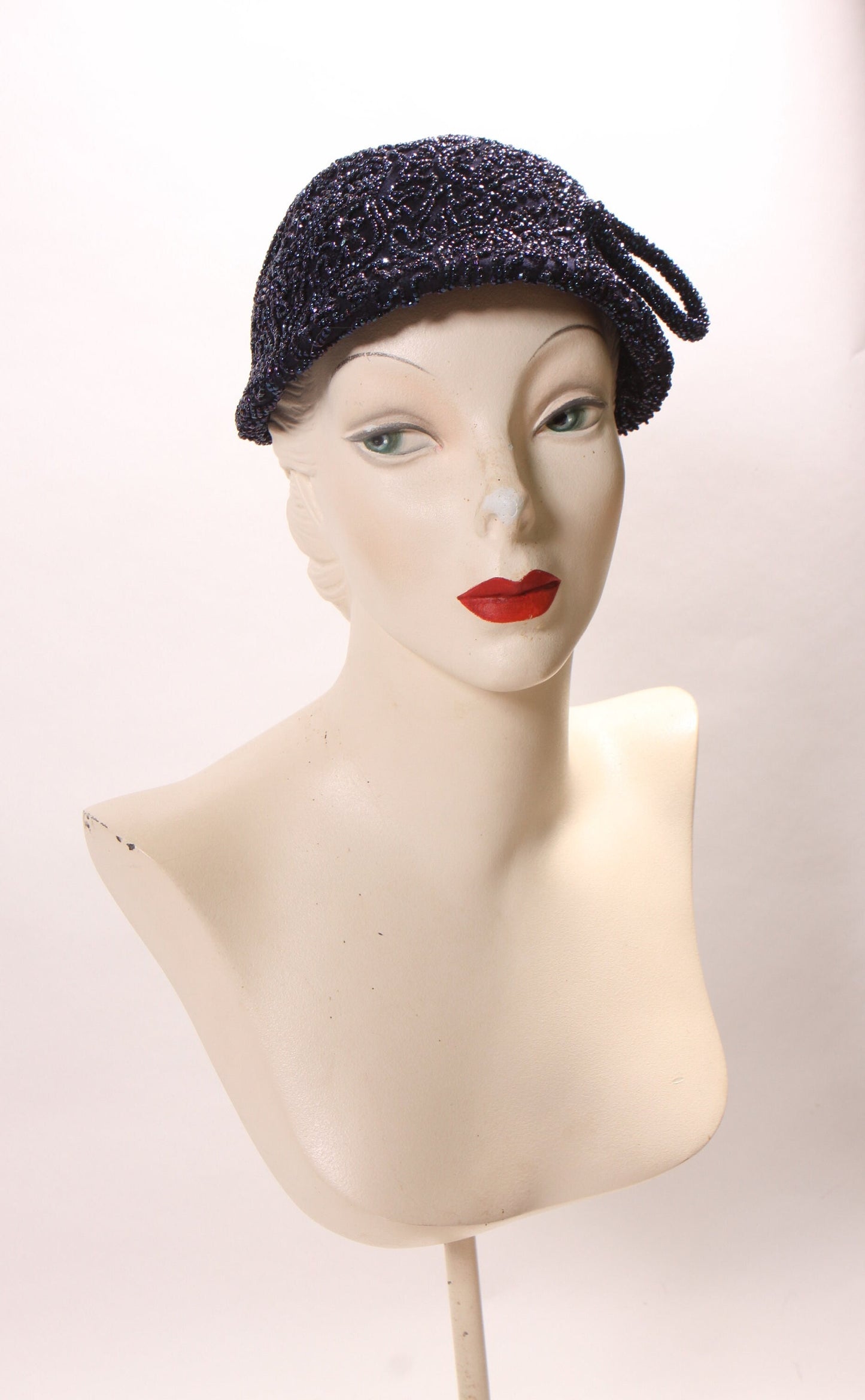 1950s 1960s Blue with Purple Cloche Bead Covered Formal Hat by Best & Co.