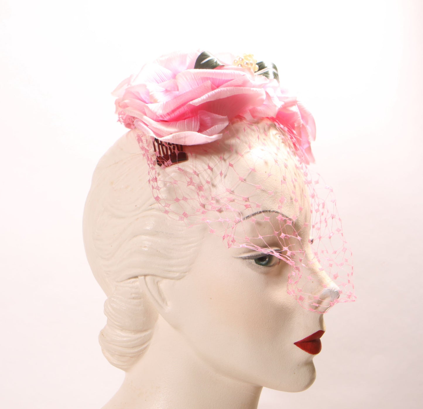 1950s 1960s Pink Floral Rose Veil Hat Hair Fascinator by Chanda Boutique for Montaldo’s