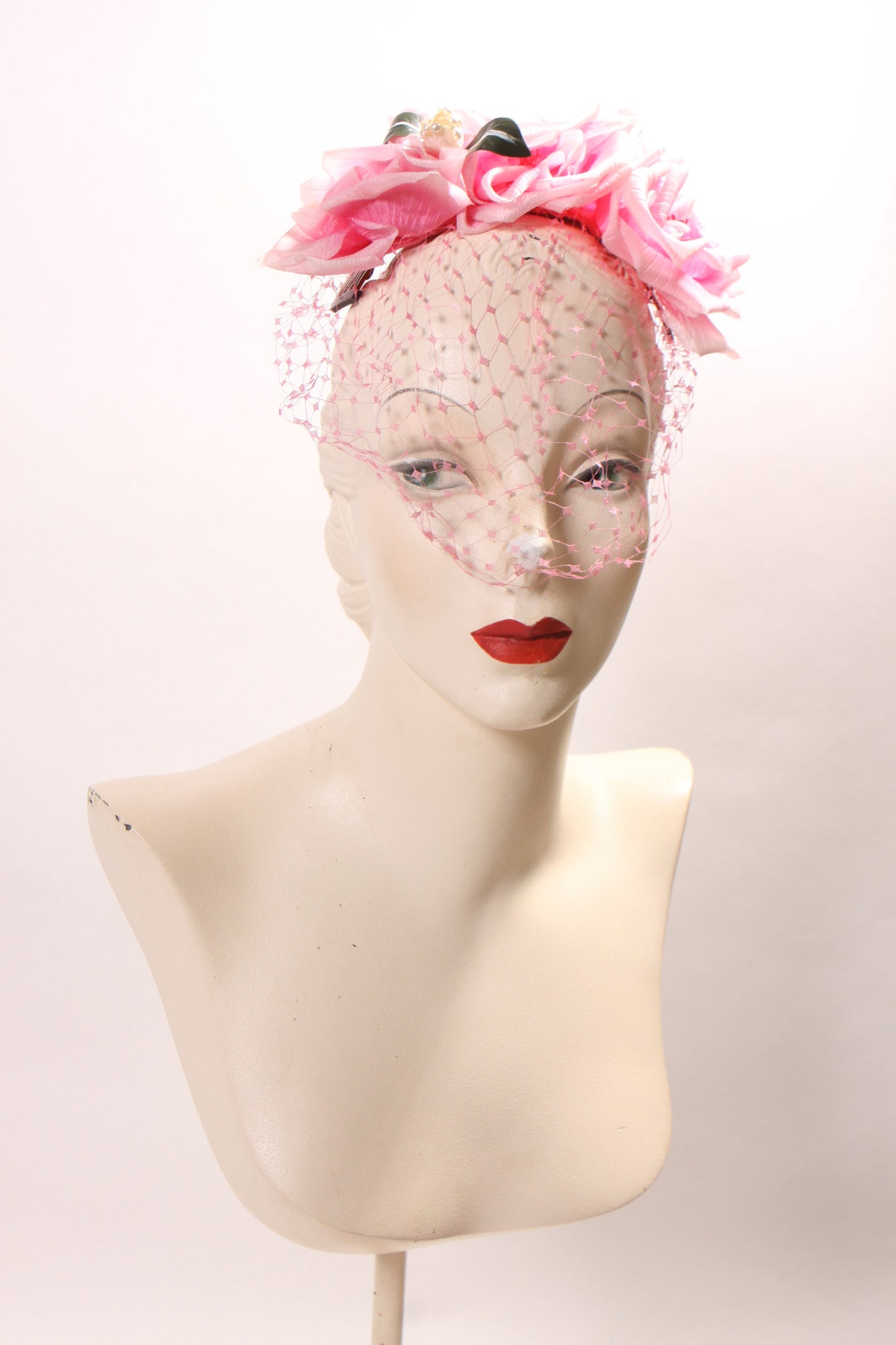 1950s 1960s Pink Floral Rose Veil Hat Hair Fascinator by Chanda Boutique for Montaldo’s