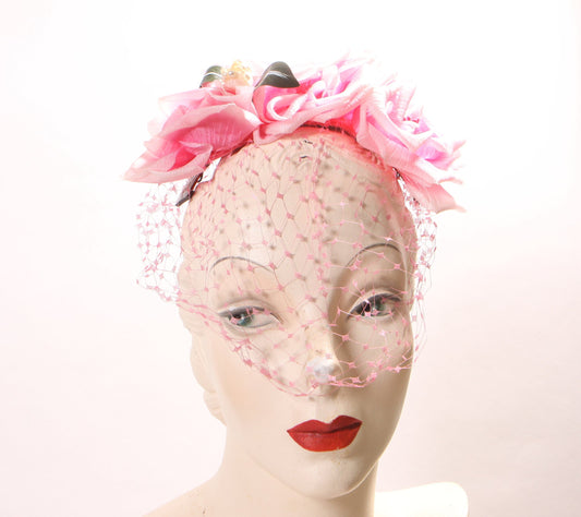 1950s 1960s Pink Floral Rose Veil Hat Hair Fascinator by Chanda Boutique for Montaldo’s