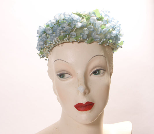 1950s Blue and Green Floral Flower Covered Formal Pillbox Hat by Montaldo’s