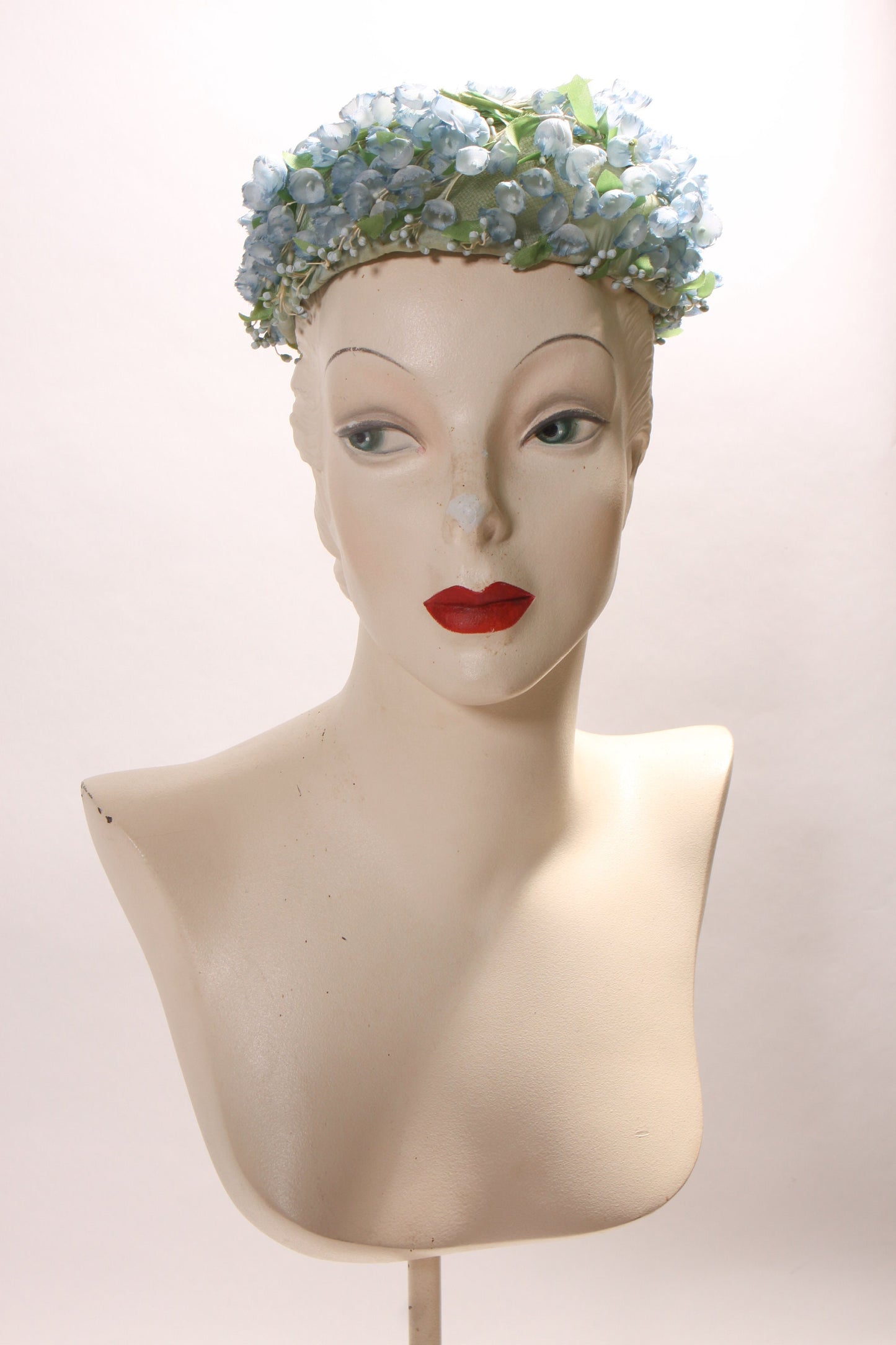 1950s Blue and Green Floral Flower Covered Formal Pillbox Hat by Montaldo’s