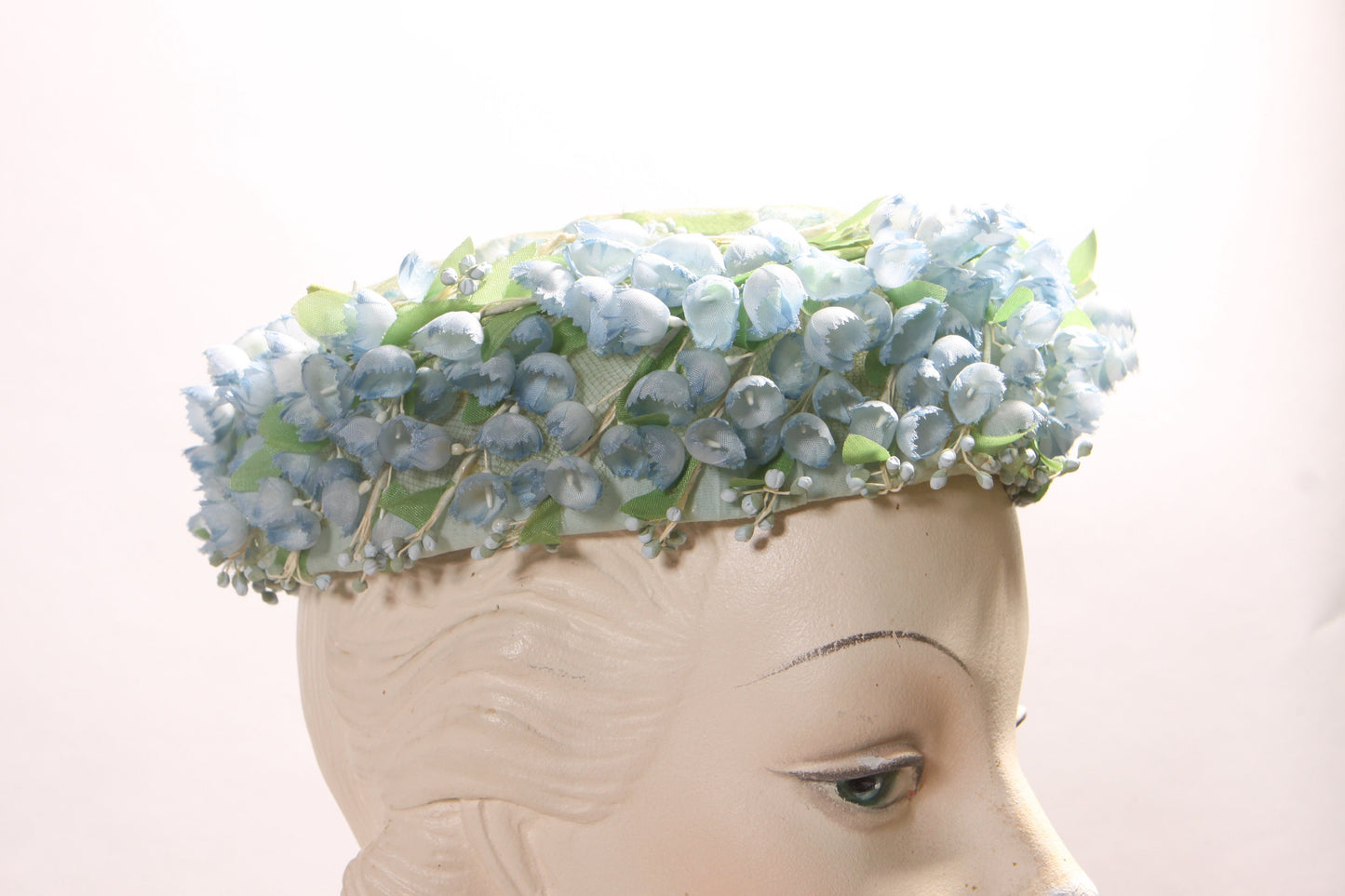 1950s Blue and Green Floral Flower Covered Formal Pillbox Hat by Montaldo’s