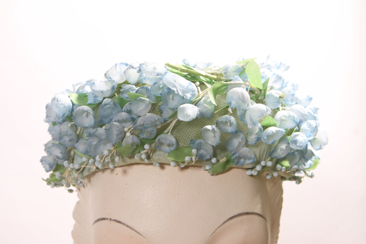 1950s Blue and Green Floral Flower Covered Formal Pillbox Hat by Montaldo’s