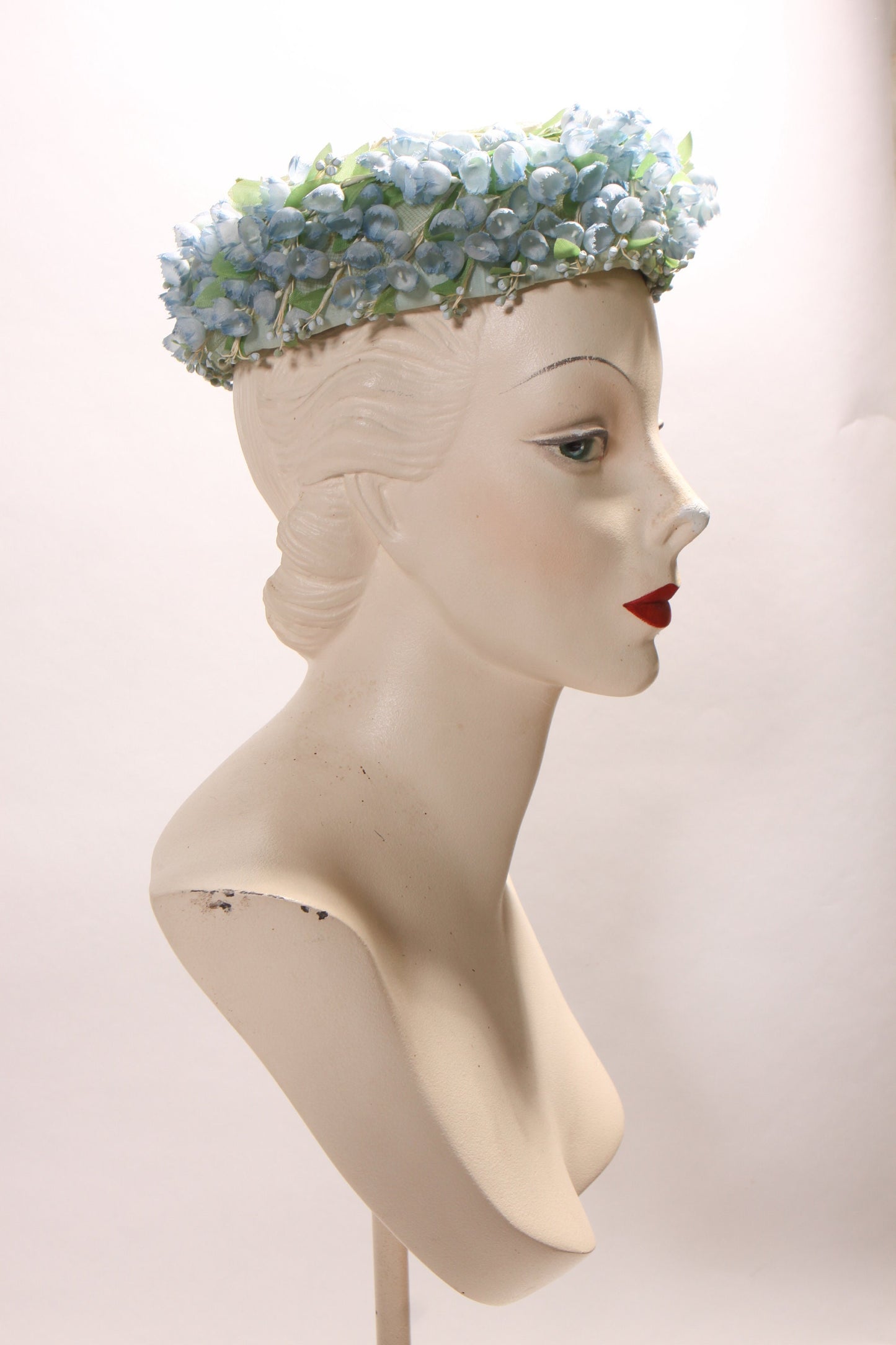 1950s Blue and Green Floral Flower Covered Formal Pillbox Hat by Montaldo’s