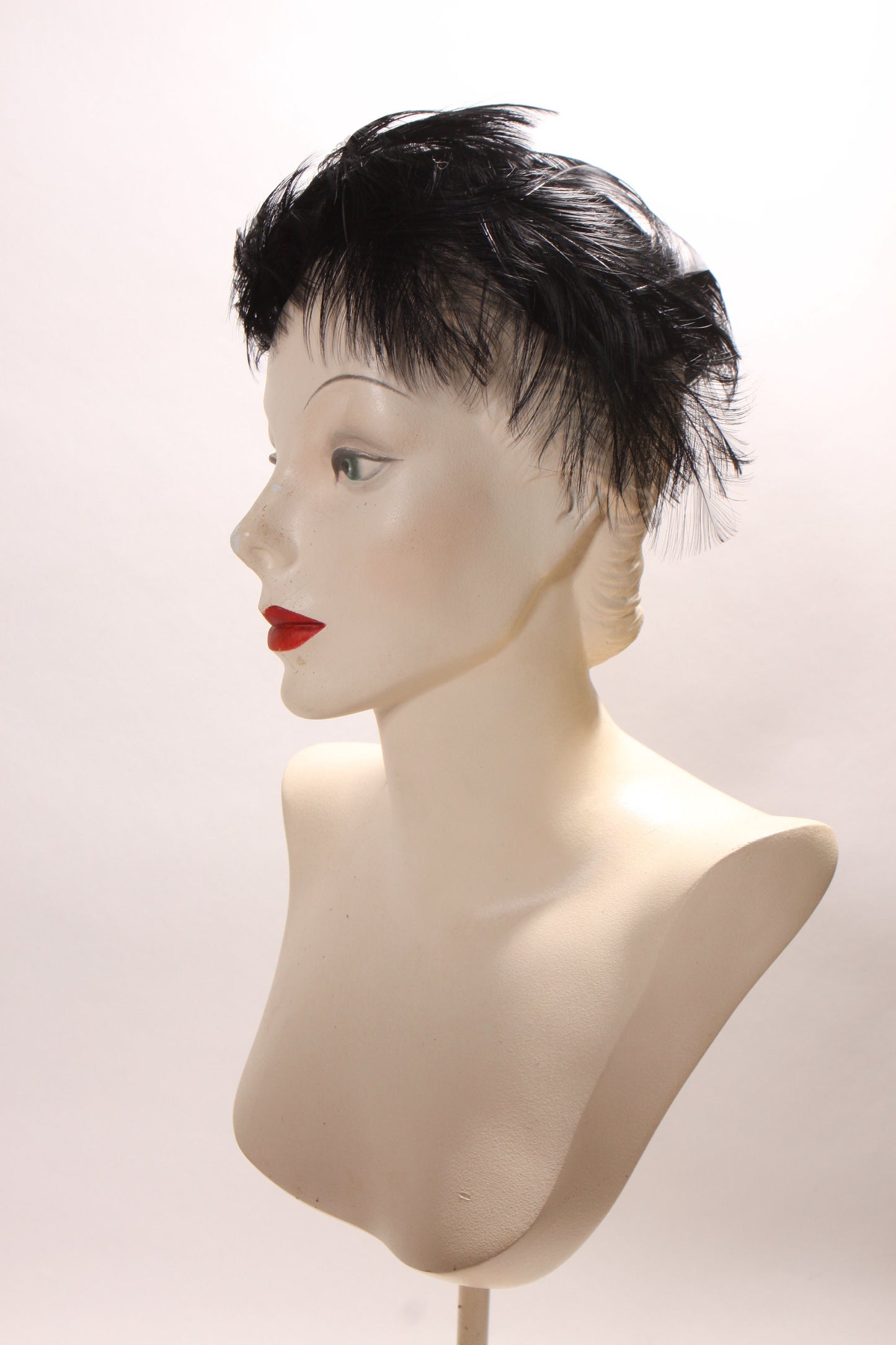 1950s Black Feather and Velvet Swirl Casque Formal Hat by Marthie Bauche