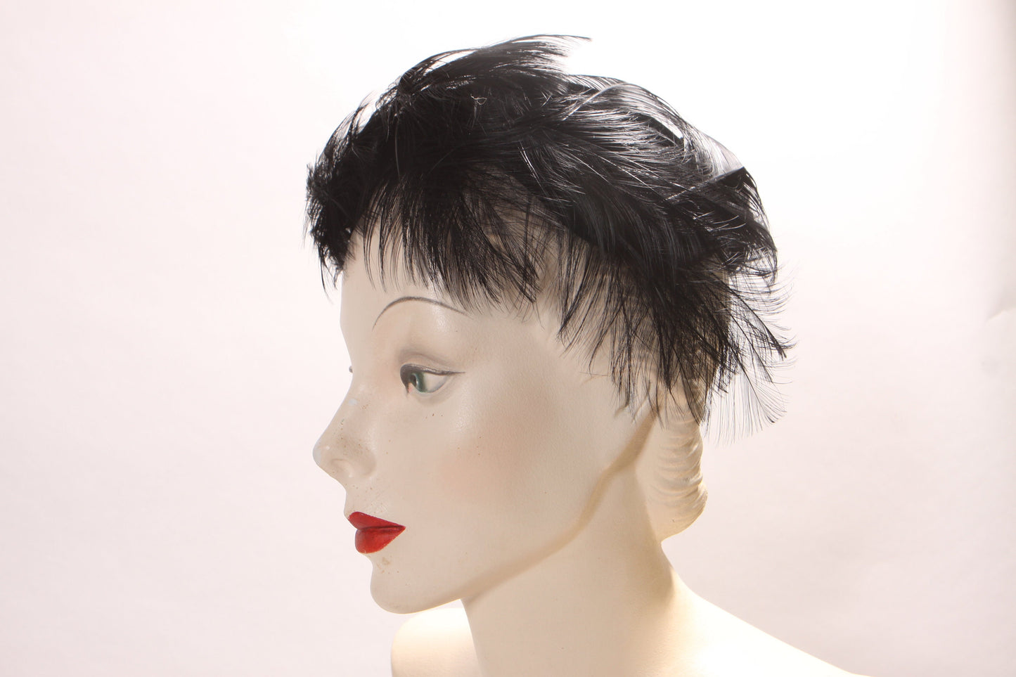 1950s Black Feather and Velvet Swirl Casque Formal Hat by Marthie Bauche