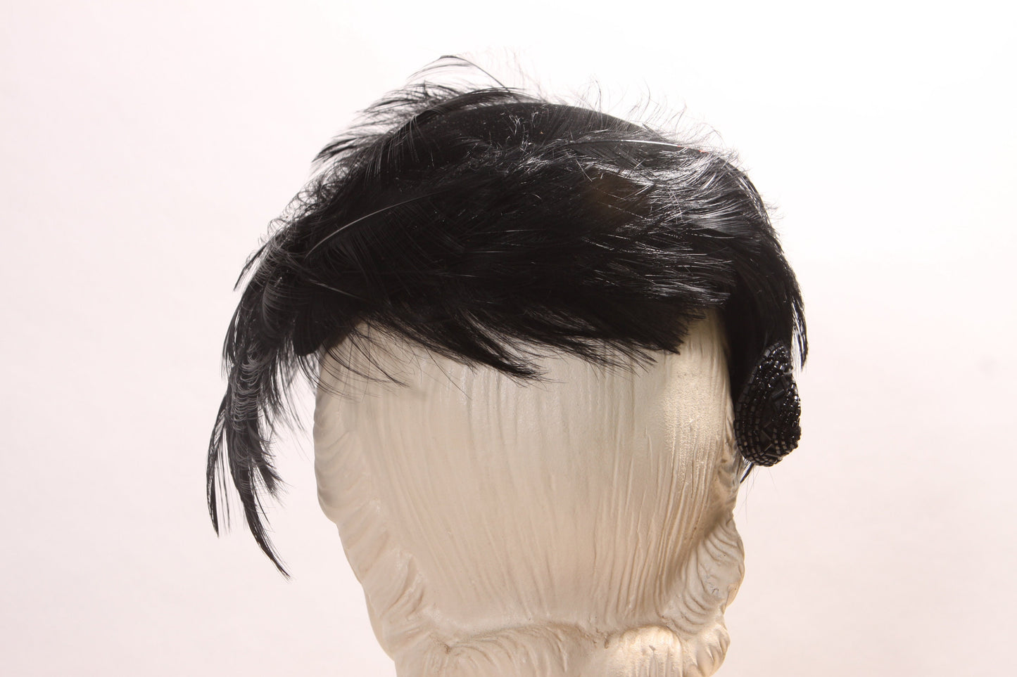 1950s Black Feather and Velvet Swirl Casque Formal Hat by Marthie Bauche