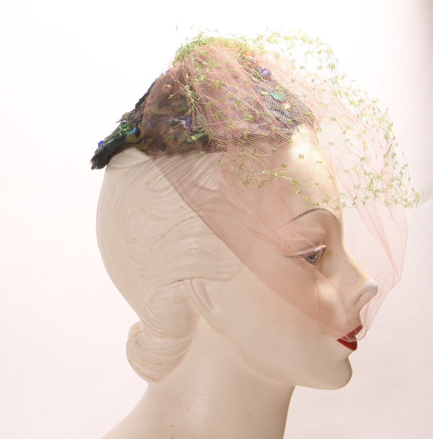 1950s 1960s Green and Blue Peacock Feather Pointed Top Jeweled Veiled Fascinator Hat by Luci Puci for Woolf Brothers