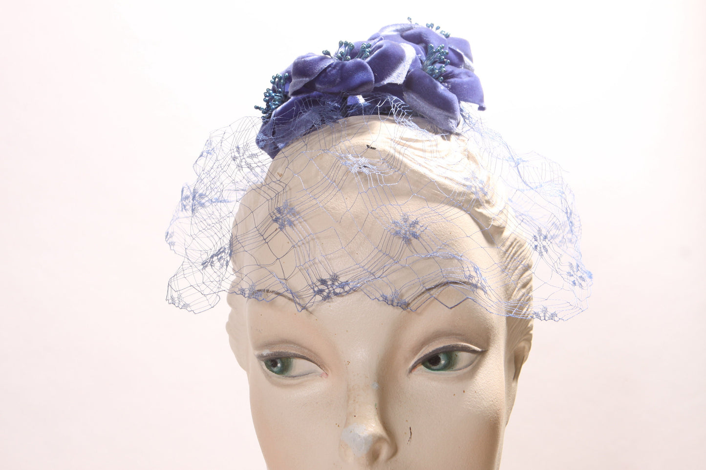 1950s Blue Purple Velvet Floral Veil Fascinator Hat Hair Piece