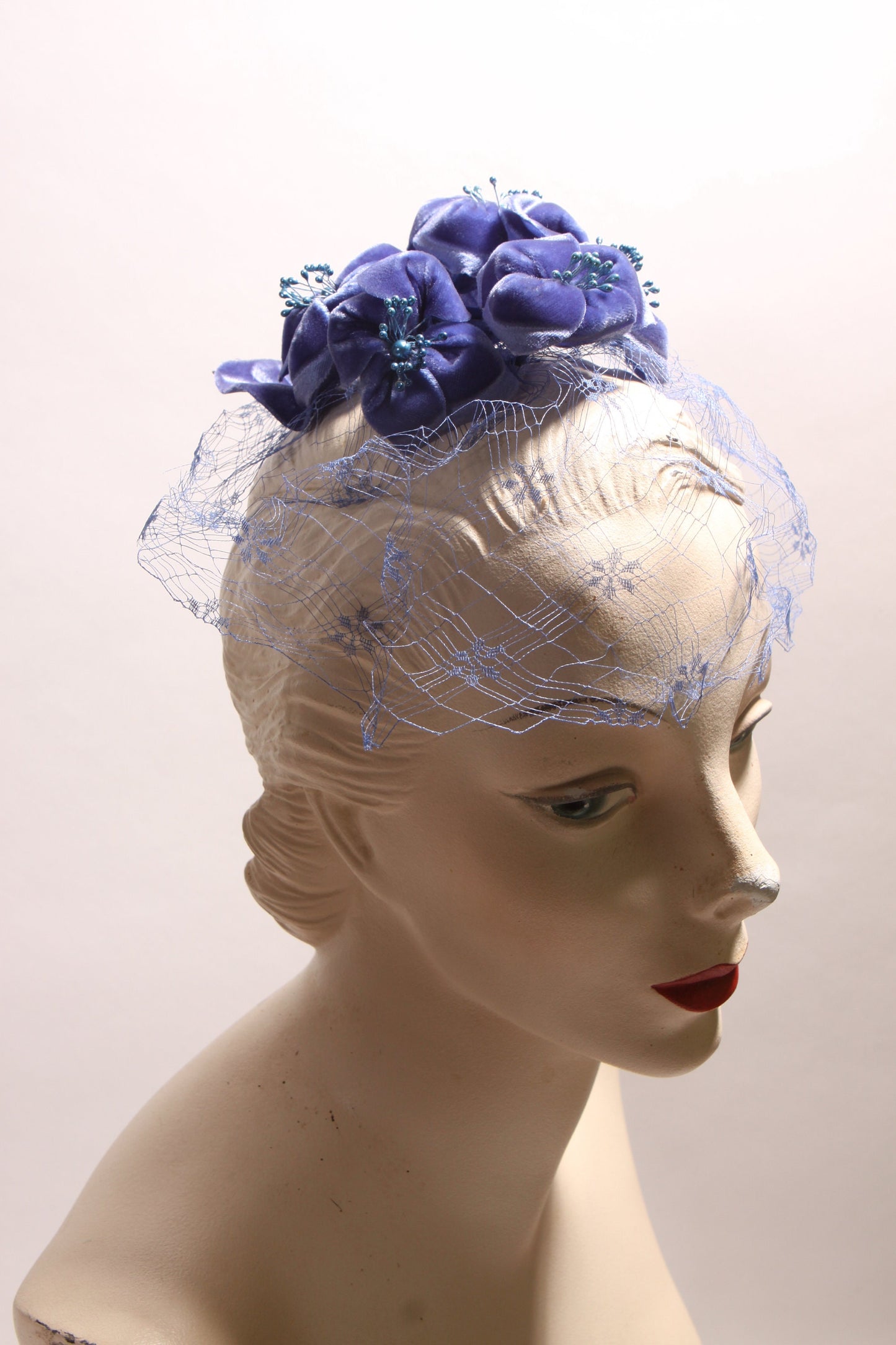 1950s Blue Purple Velvet Floral Veil Fascinator Hat Hair Piece